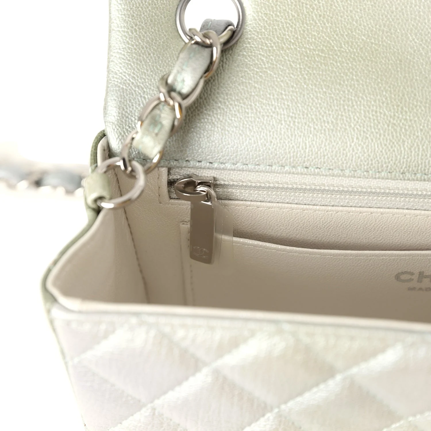 Chanel Mini Classic Rectangular Flap Bag Grey and Green Ombre Iridescent Goatskin Silver Hardware