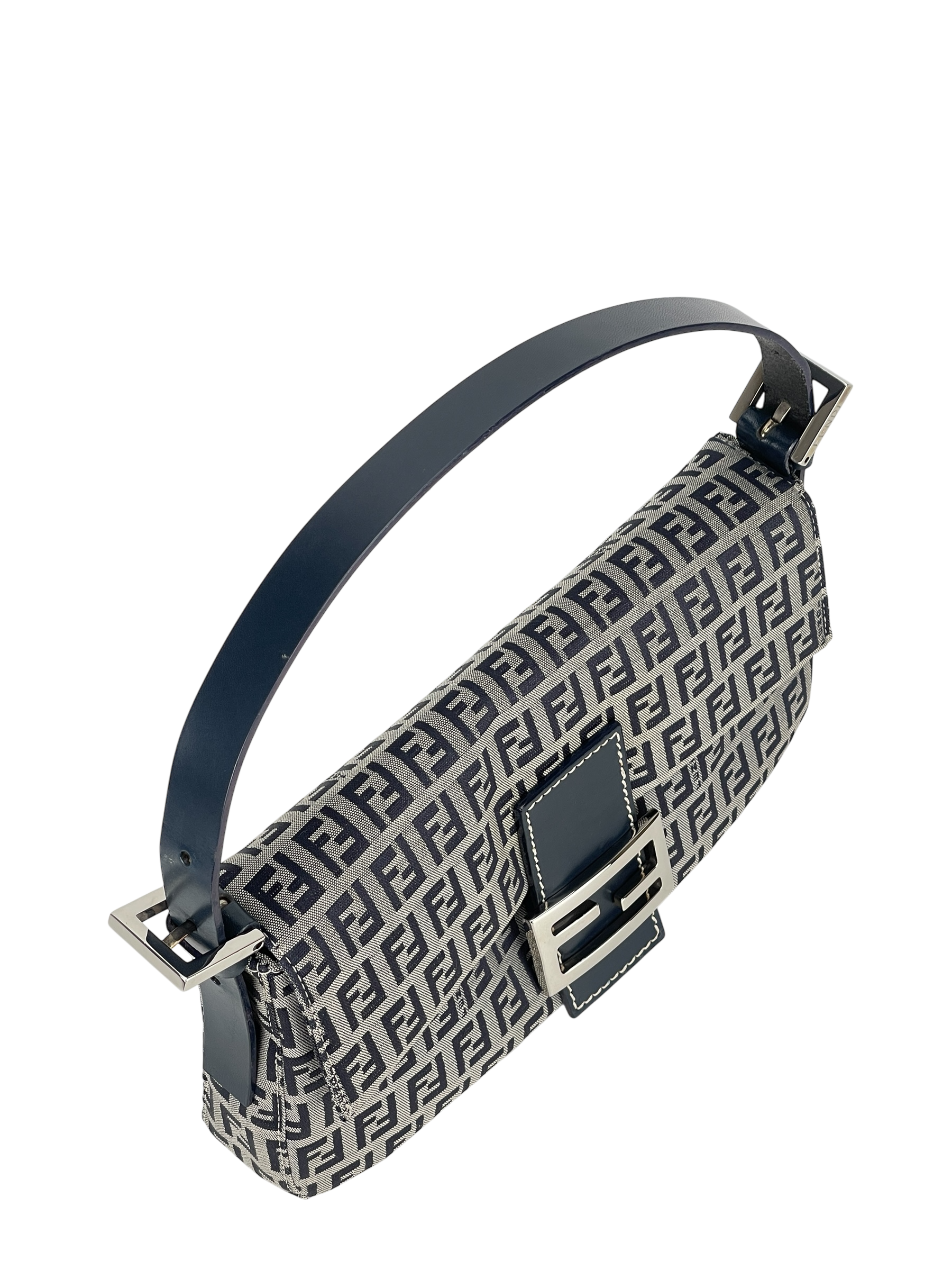 FENDI - Small Navy Canvas Zucchino Mamma Baguette Sliver Hardware