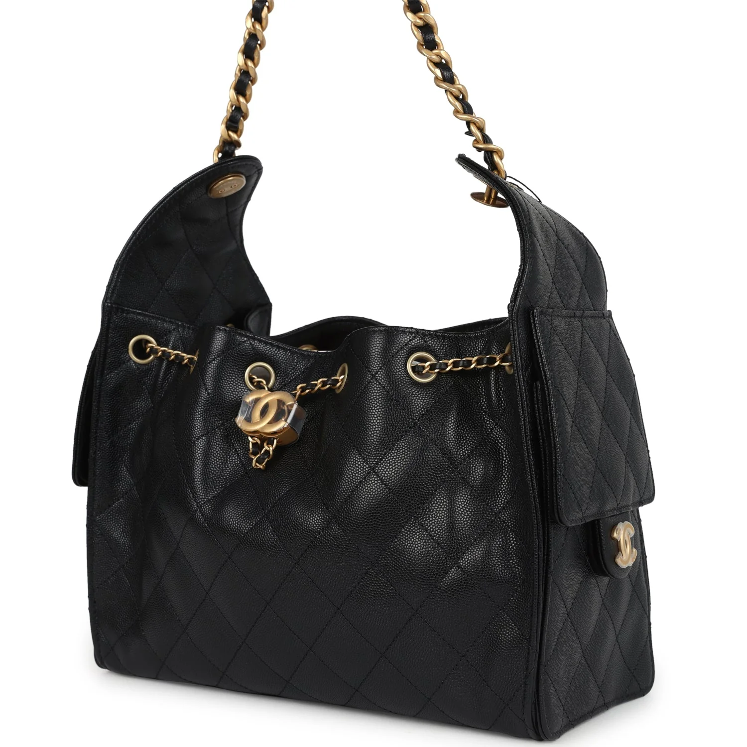 Chanel Small 25 Hobo Bag Black Caviar Antique Gold Hardware