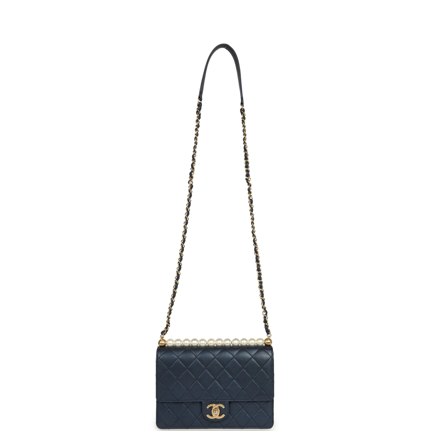Pre-owned Chanel Small Chic Pearls Flap Bag Navy Calfskin Antique Gold Hardware