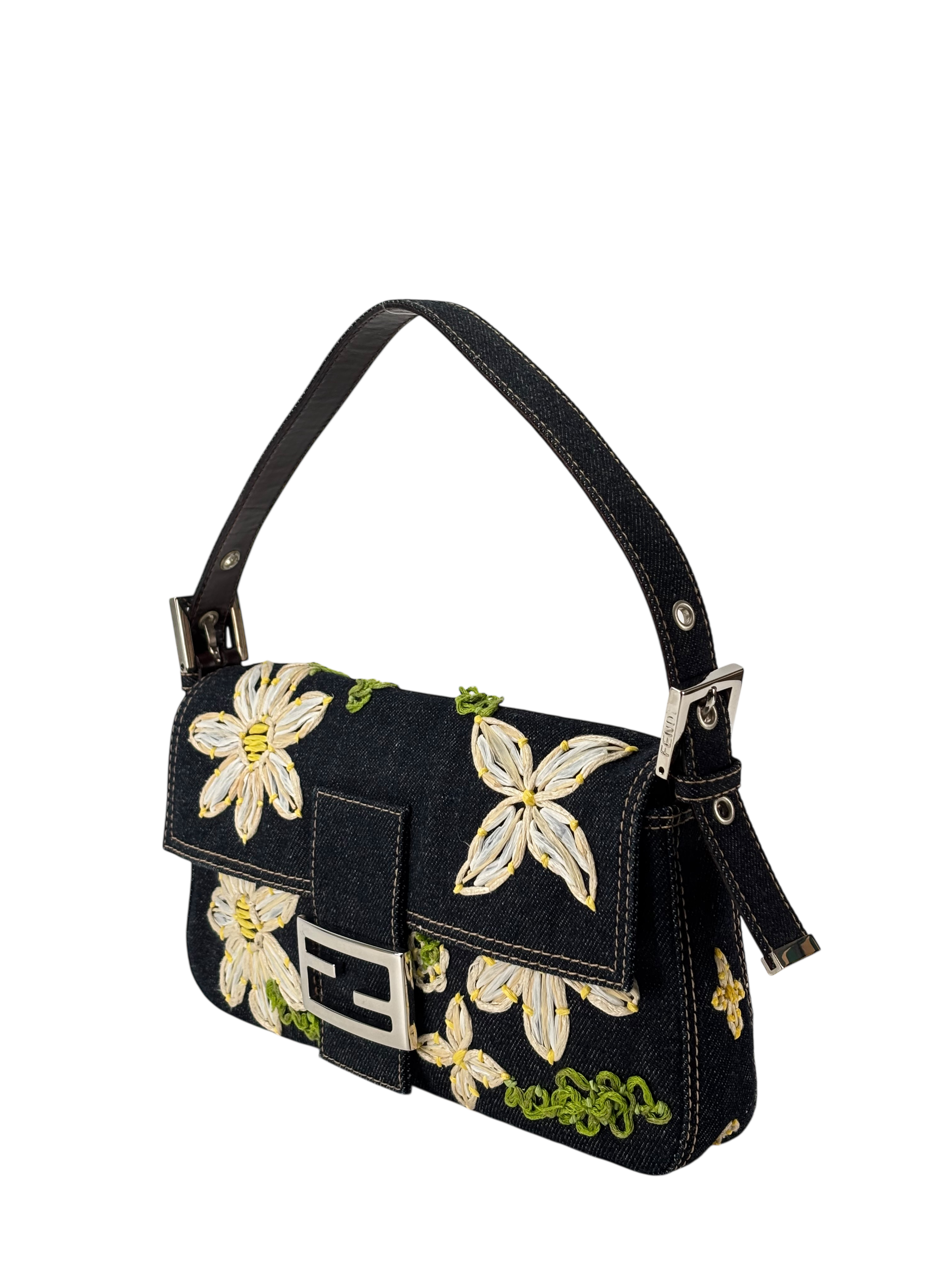 FENDI - Small Baguette Bag Denim Flower Navy