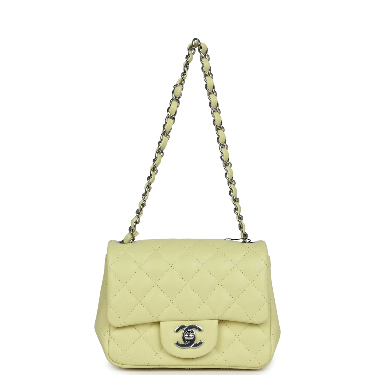 Chanel Mini Square Flap Bag Lime Lambskin Silver Hardware