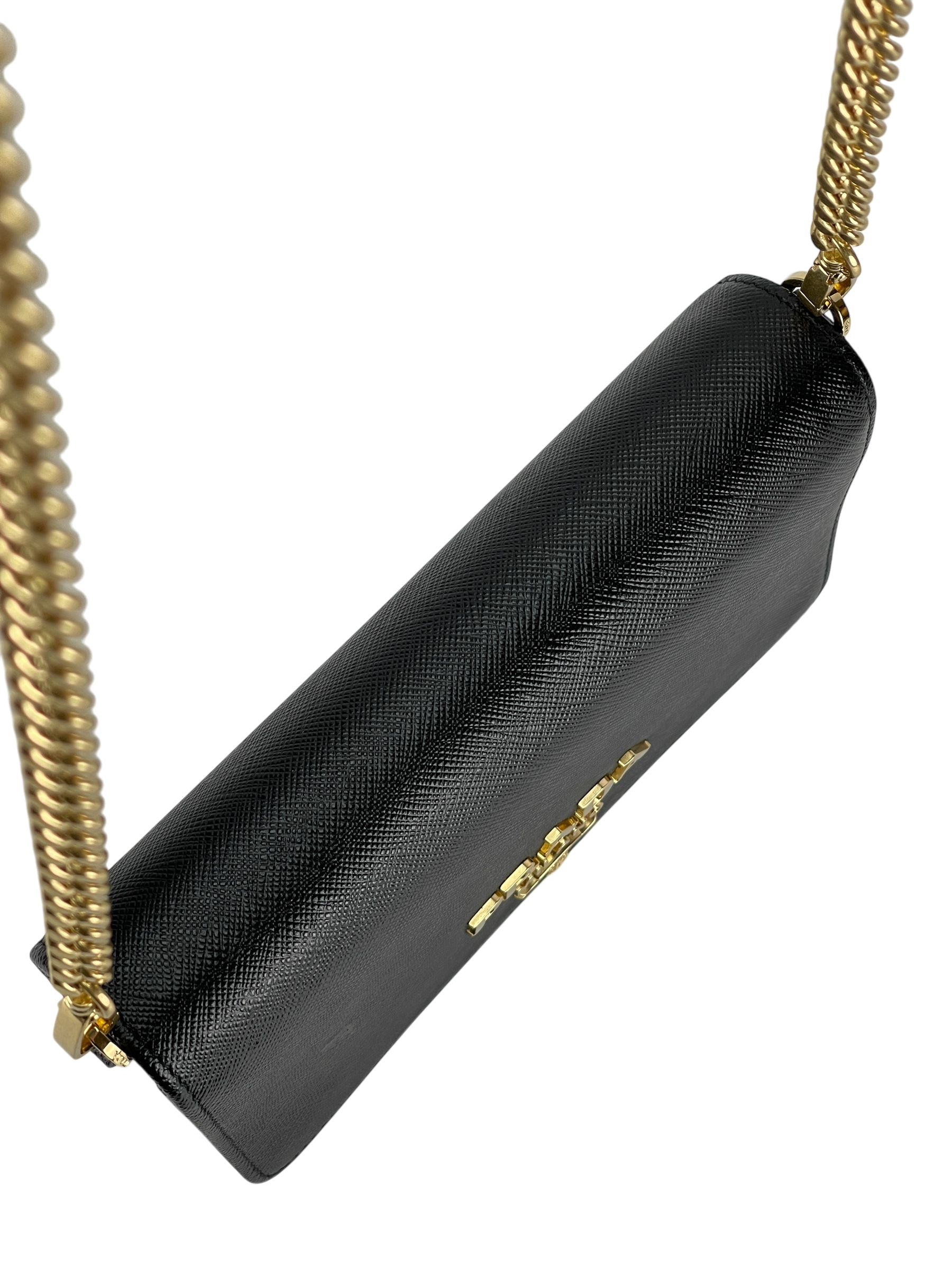 PRADA - Black Calfskin Leather Saffiano Chain Shoulder Bag Gold Hardware