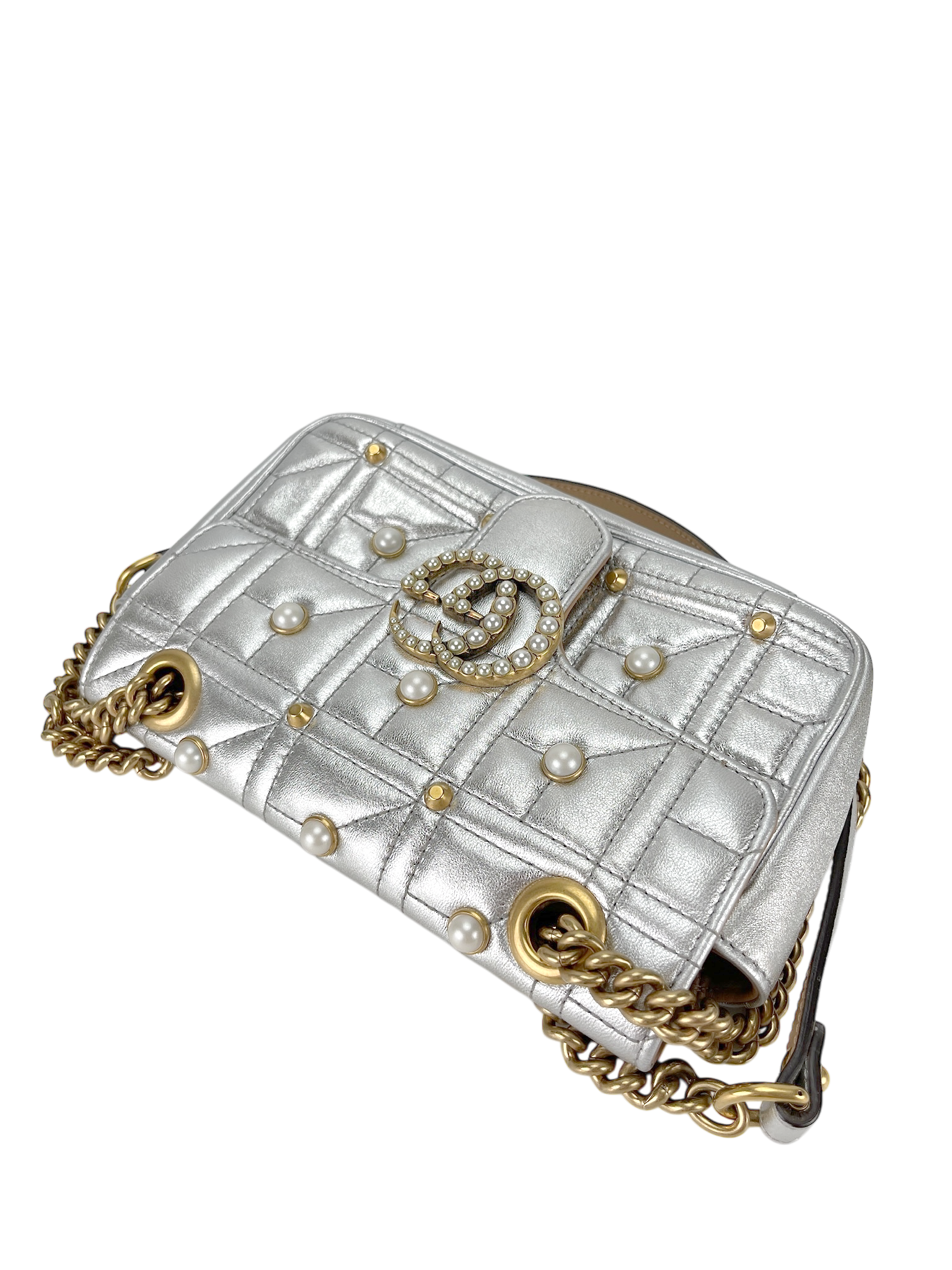 GUCCI - Matelasse Studded Mini Pearly GG Marmont Shoulder Bag Silver Metallic Calfskin