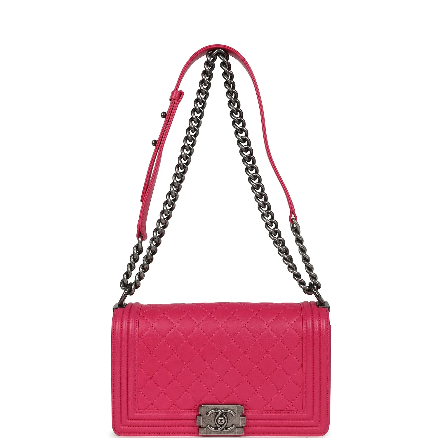 Pre-owned Chanel Medium Boy Bag Pink Lambskin Aged Ruthenium Hardware