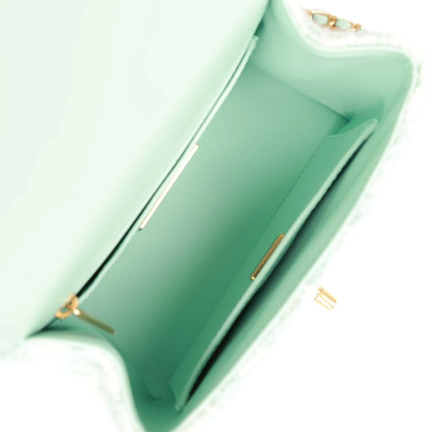 Chanel Mini Square Flap with Top Handle Turquoise and Ecru Tweed Antique Gold Hardware