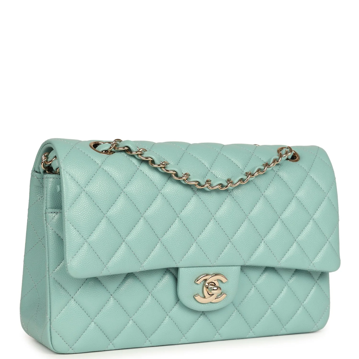 Pre-owned Chanel Medium Classic Double Flap Bag Light Blue Caviar Silver Hardware