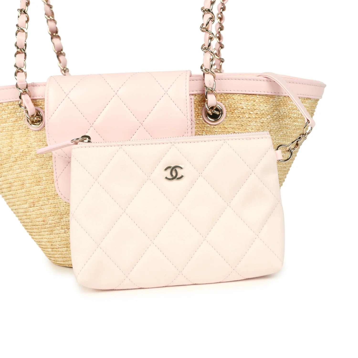 Chanel Small Shopping Tote Bag Beige Raffia and Light Pink Lambskin Light Gold Hardware