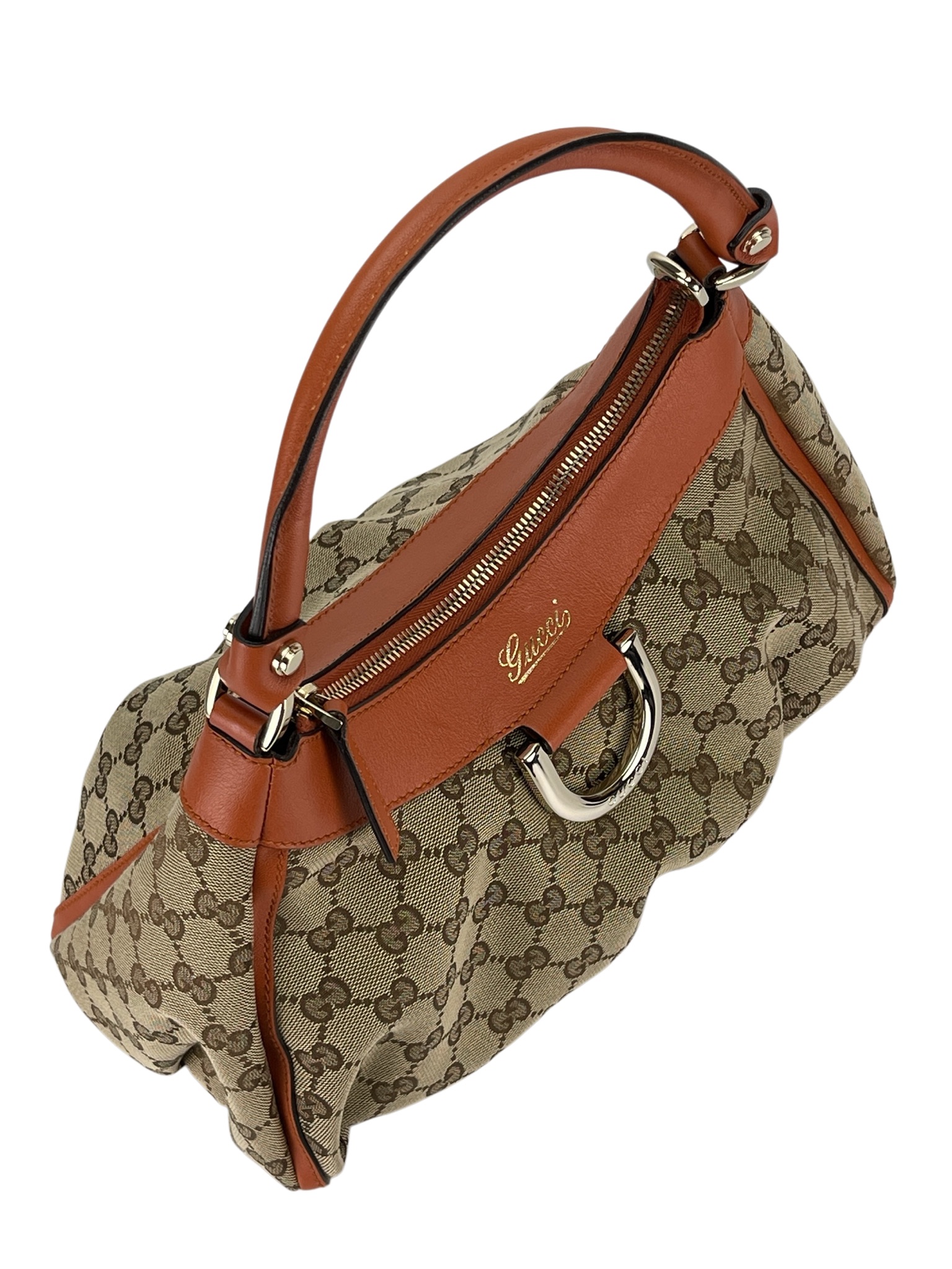GUCCI - Beige Orange Canvas Leather Shima Abbey Hobo Bag