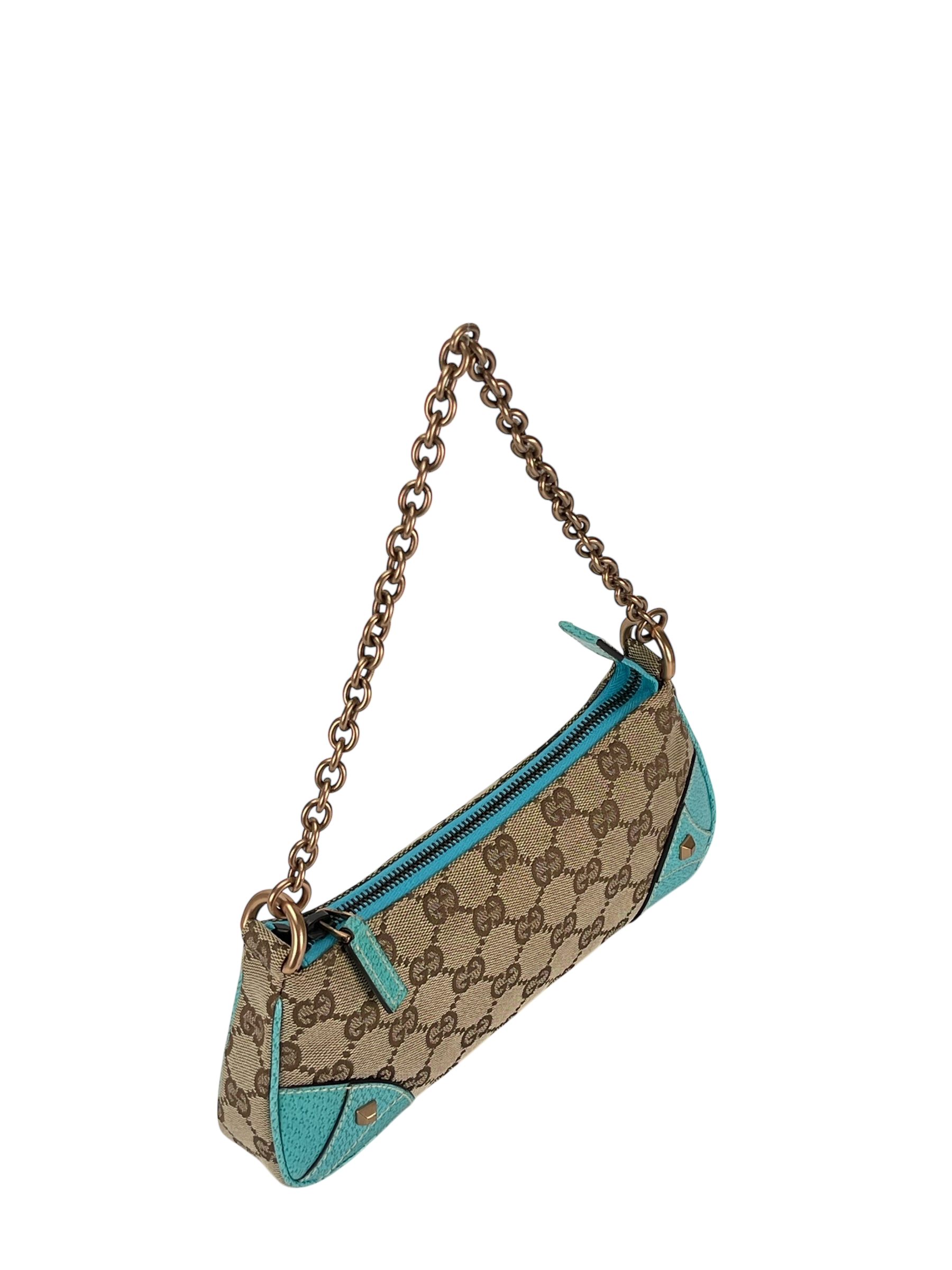 GUCCI - Beige Ophidia Blue Canvas Horsebit Nail Chain Shoulder Bag Pochette