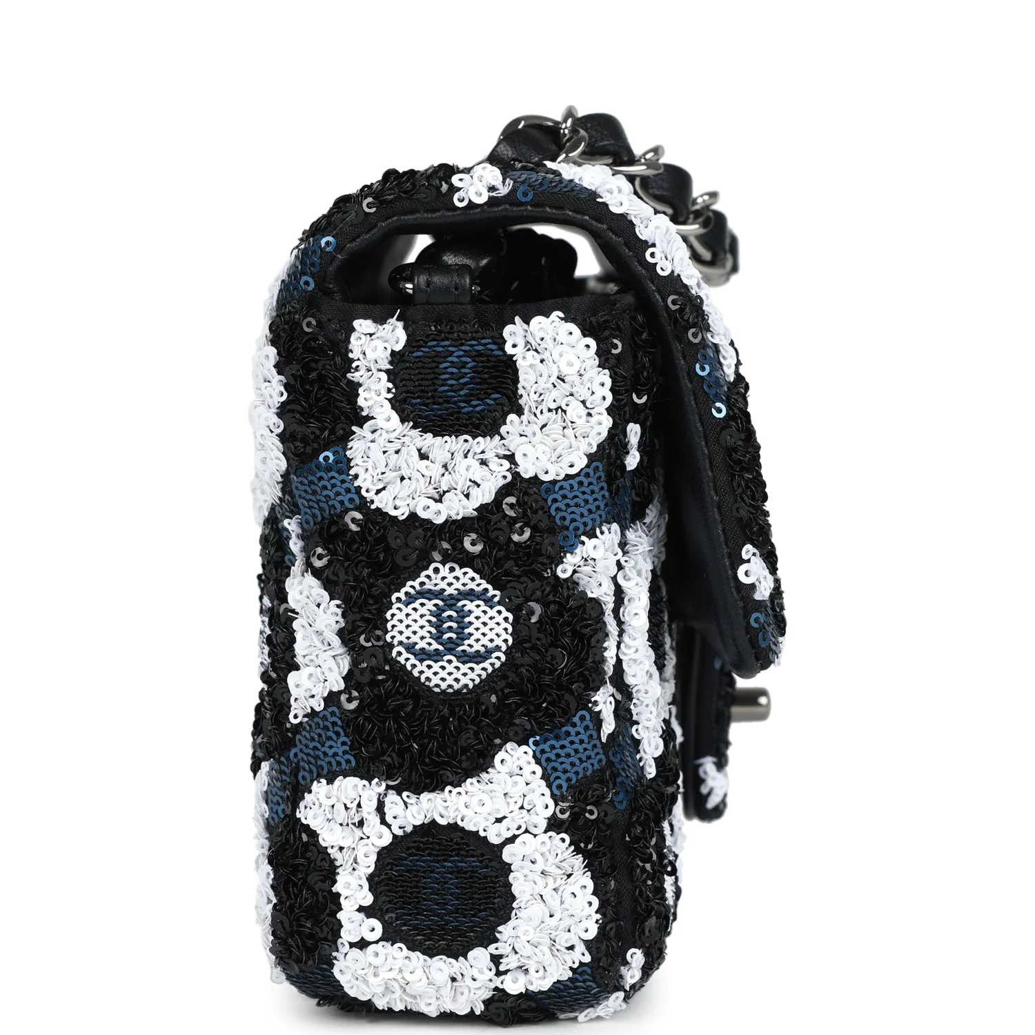 Chanel Mini Rectangular Flower Flap Bag Black, Navy and White Sequin Ruthenium Hardware