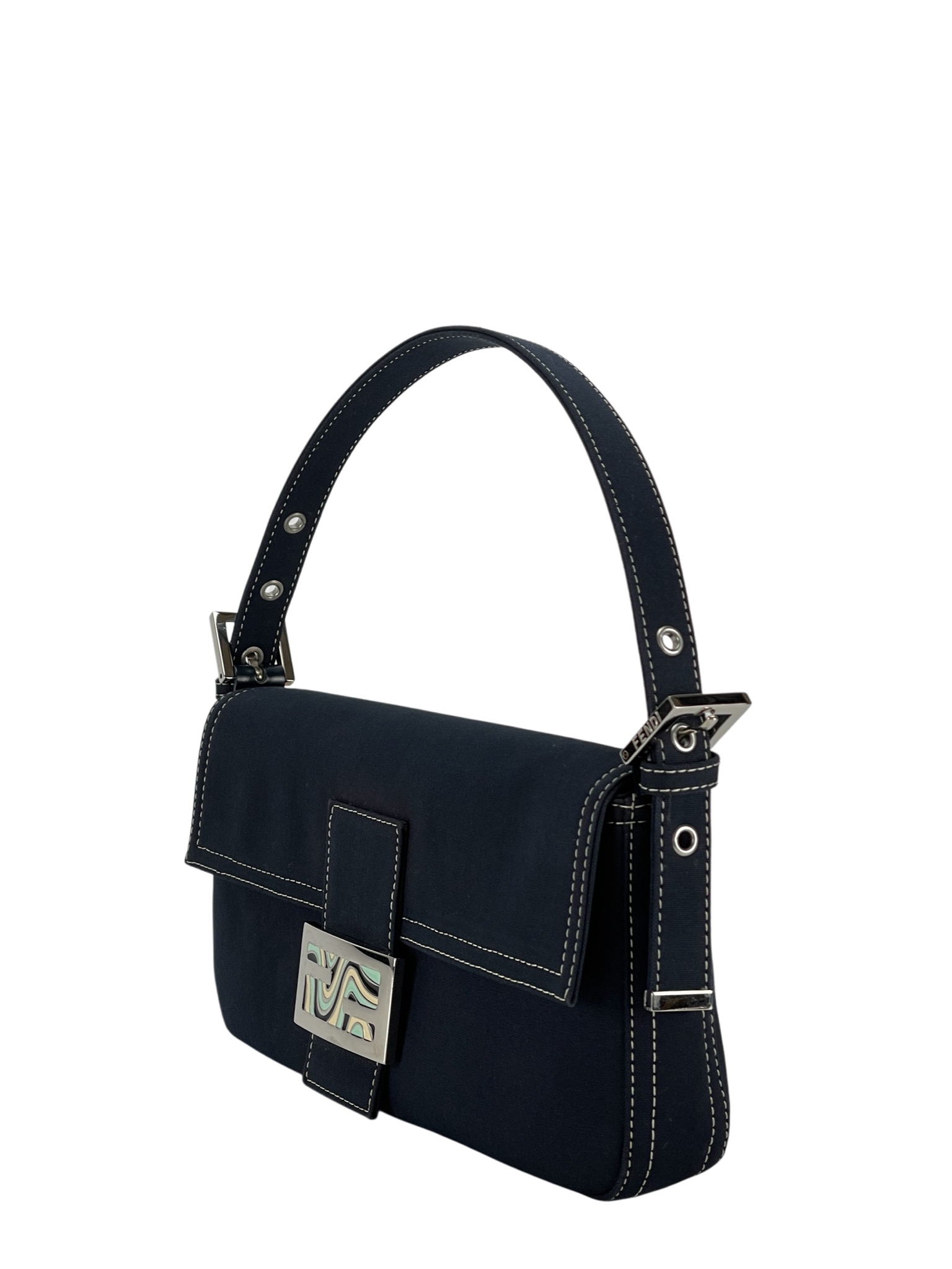 FENDI - Navy Canvas Baguette Handbag Silver-tone Hardware