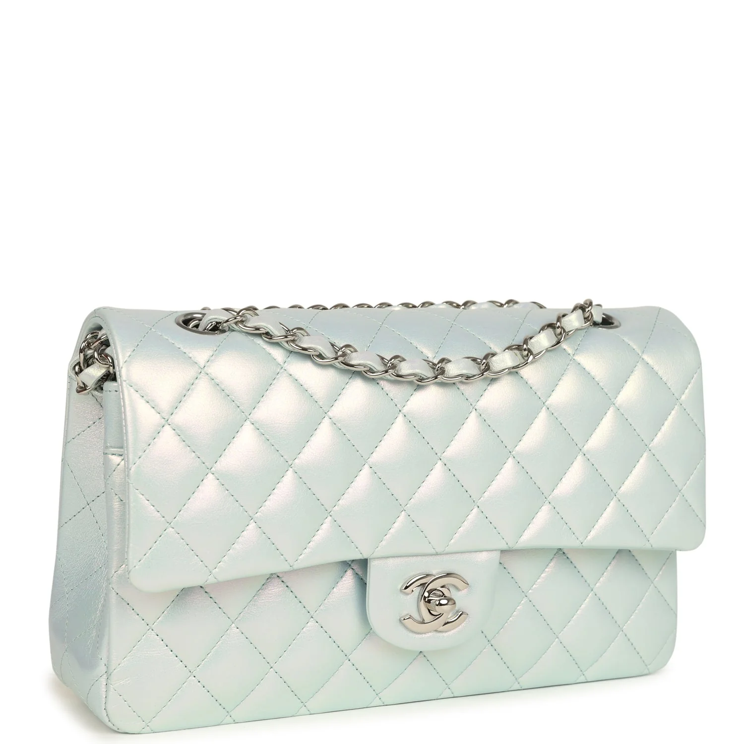 Pre-owned Chanel Medium Classic Double Flap Bag Light Blue Iridescent Calfskin Silver Hardware