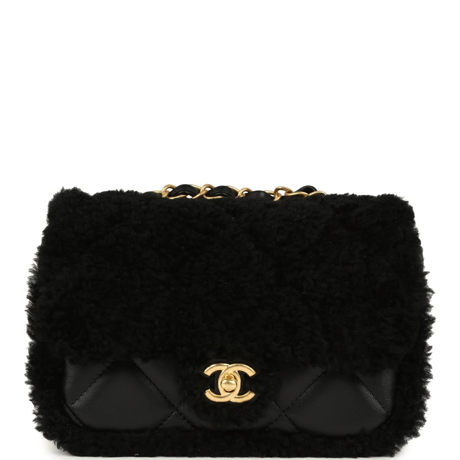 Chanel Mini Shearling Flap Bag Black Lambskin Brushed Gold Hardware
