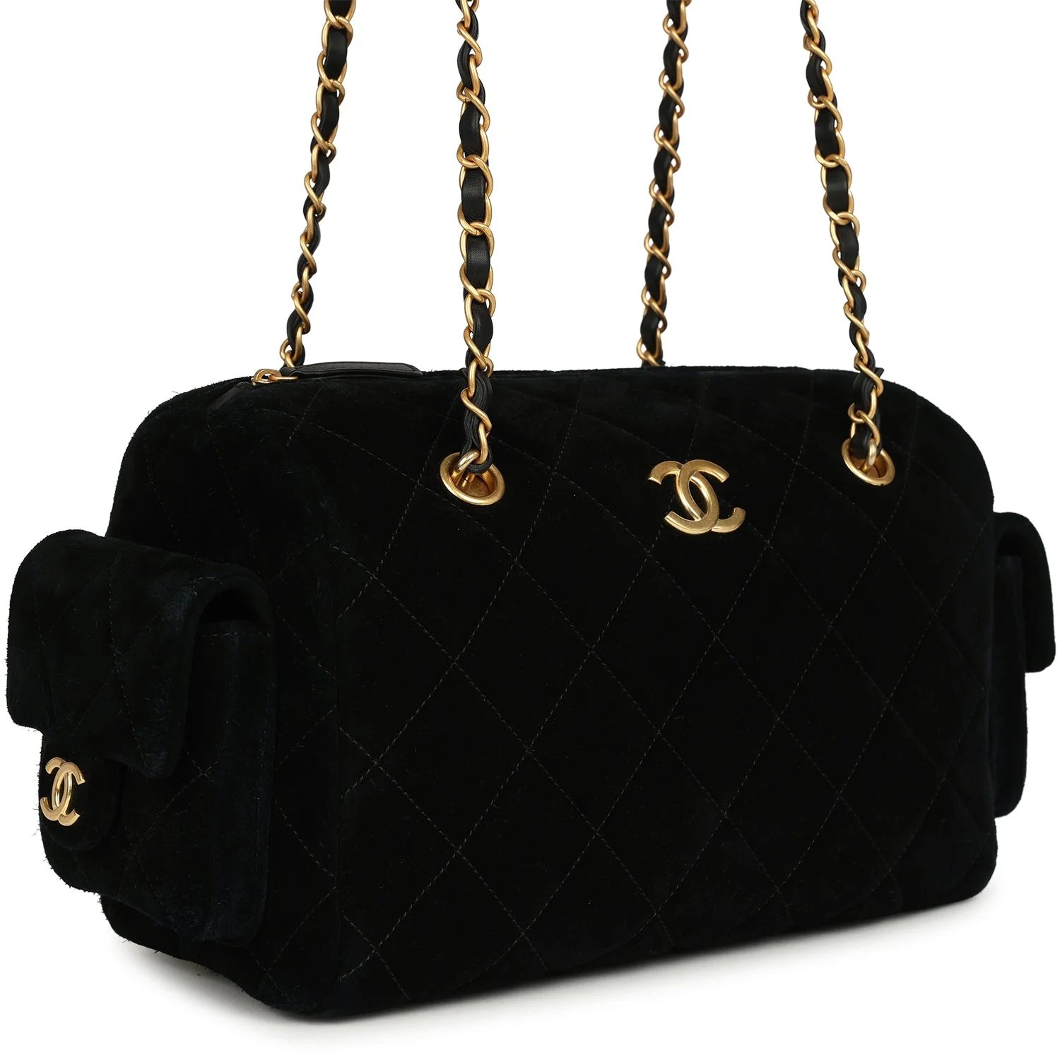 Chanel Small Bowling Bag Black Suede Antique Gold Hardware