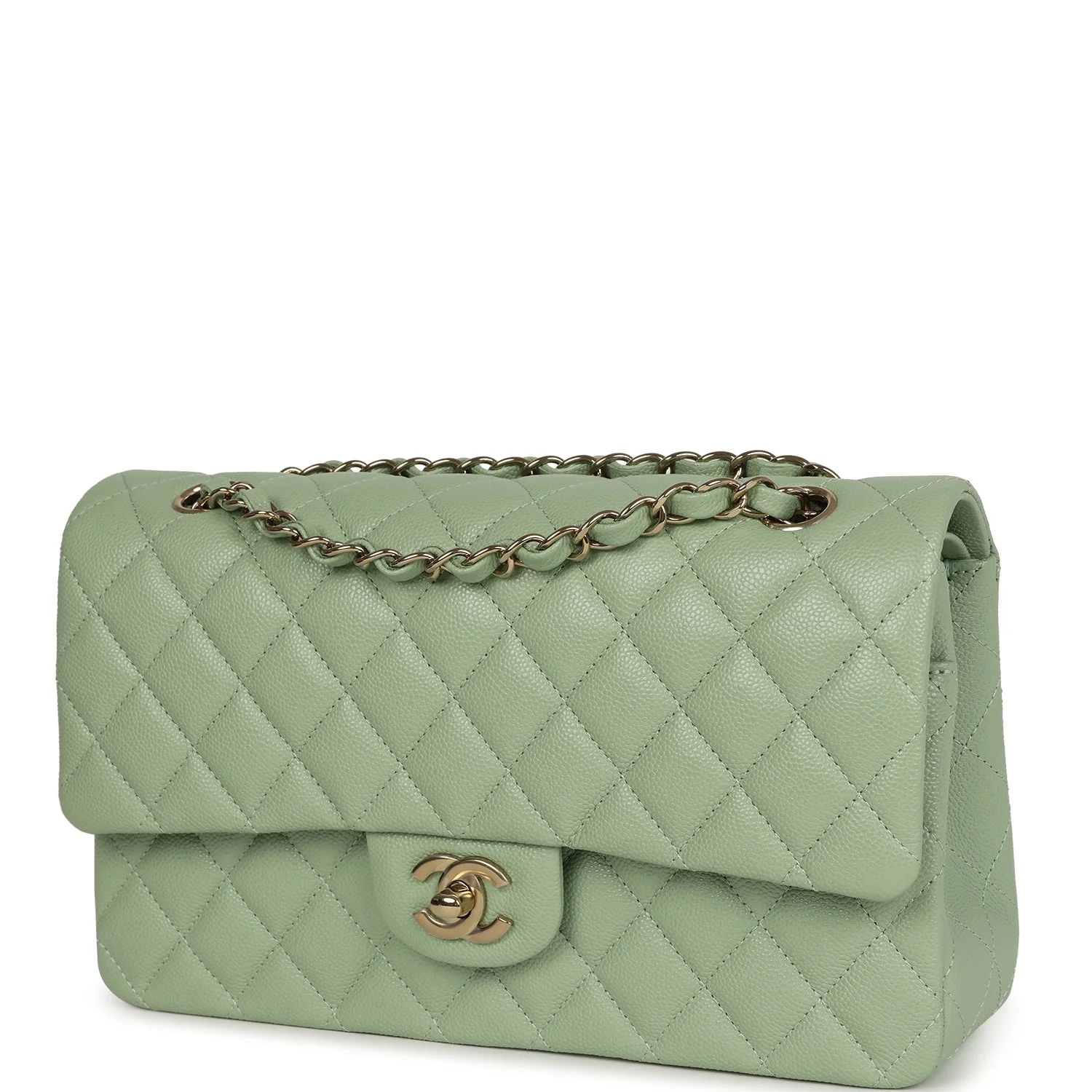 Chanel Medium Classic Double Flap Bag Light Green Caviar Light Gold Hardware
