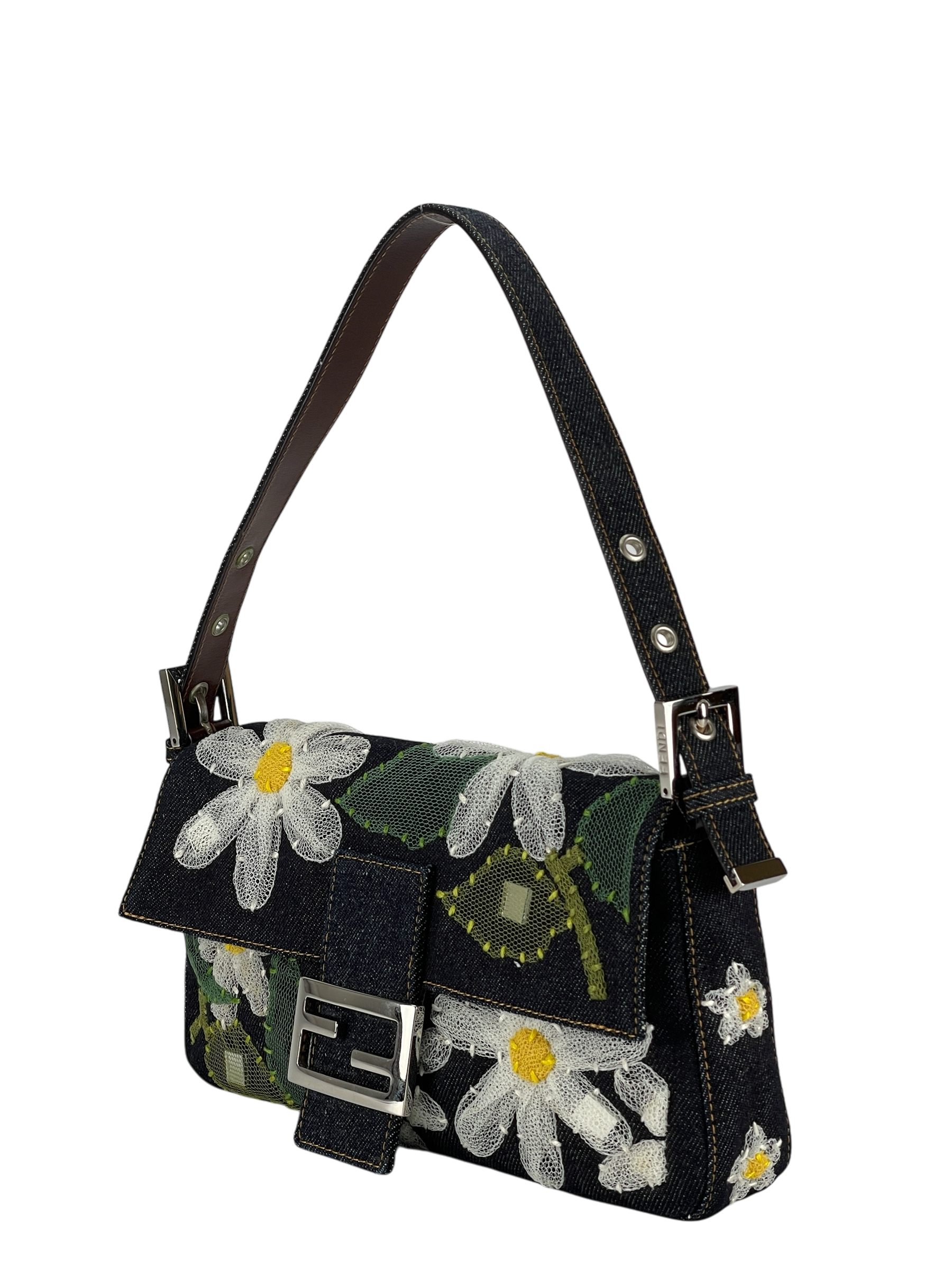 FENDI - Blue Denim Baguette in Dark Embroided Flowers