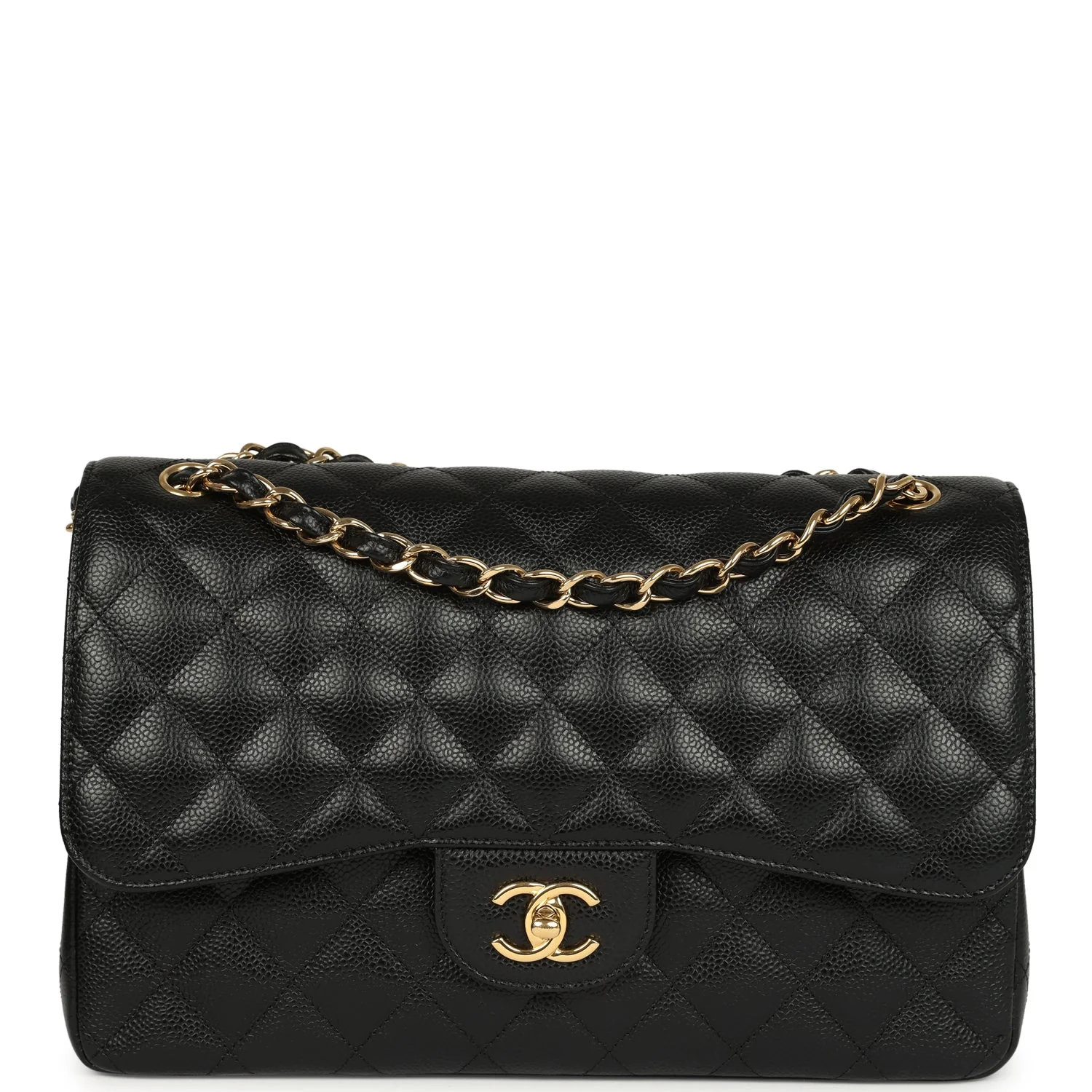Pre-owned Chanel Jumbo Classic Double Flap Bag Black Caviar Gold Hardware