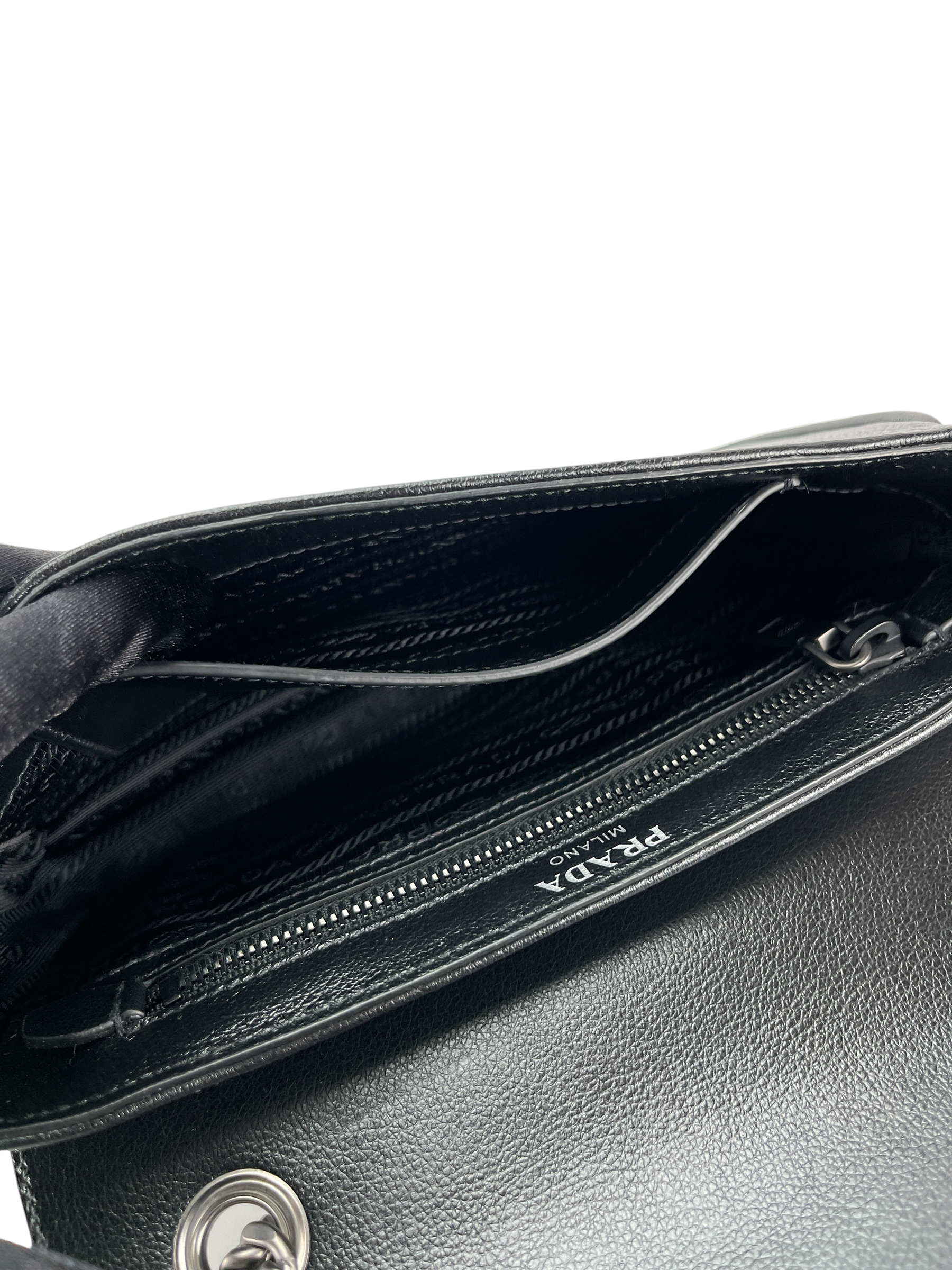 PRADA -  Black Leather Studded Flap Double Chain Shoulder Bag