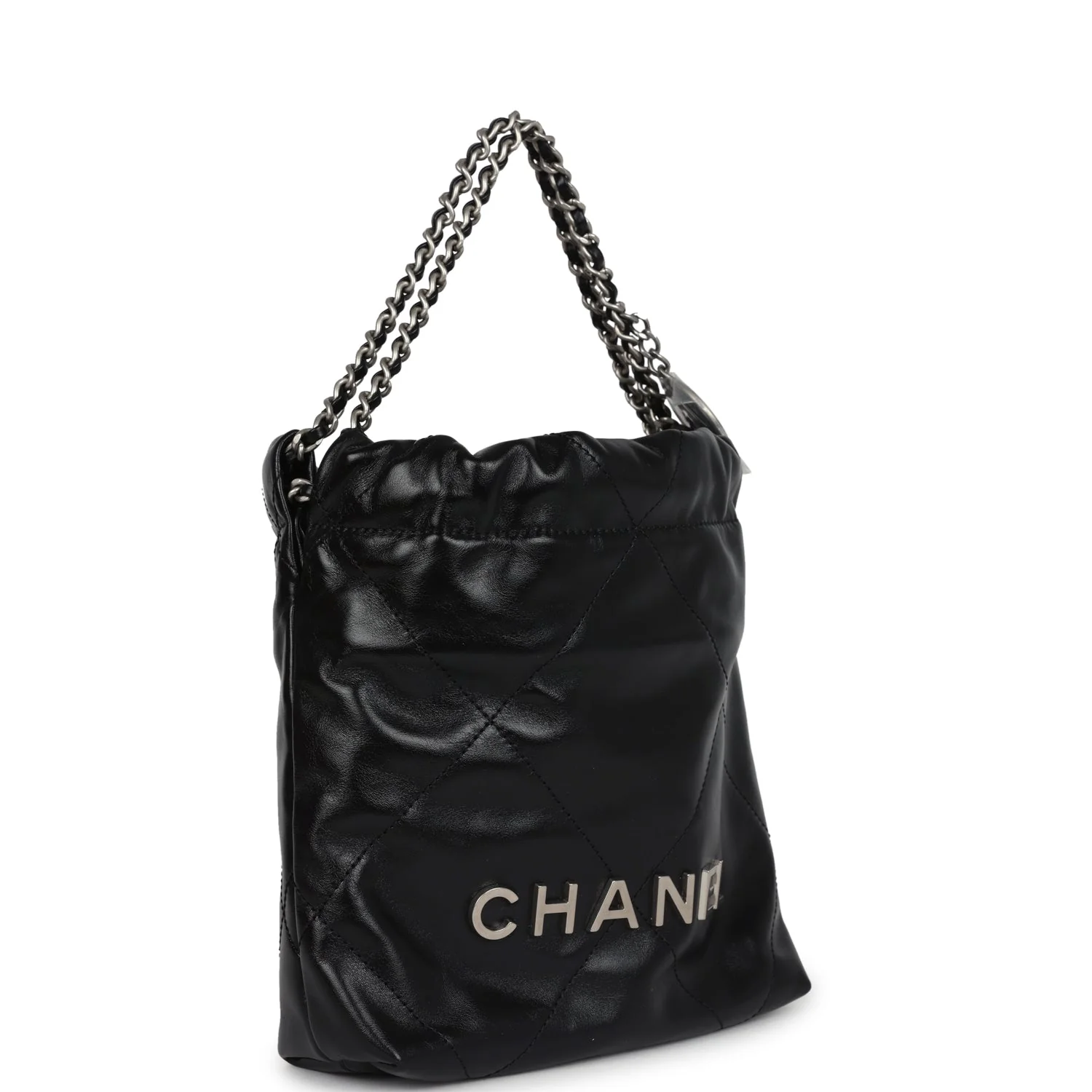 Chanel Mini 22 Bag Black Shiny Calfskin Brushed Silver Hardware