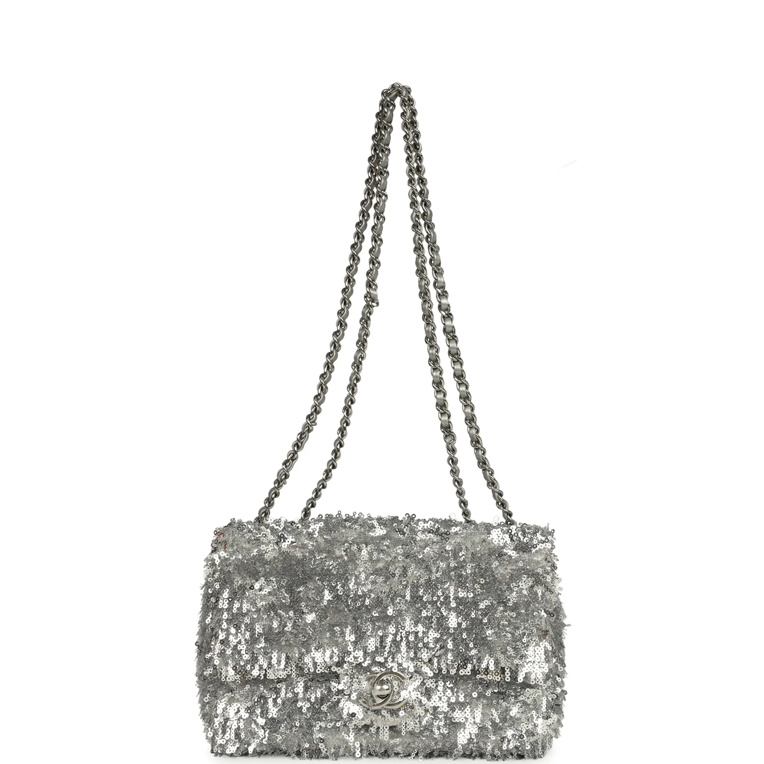 Chanel Mini Rectangular Fringe Flap Bag Silver Sequin Silver Hardware