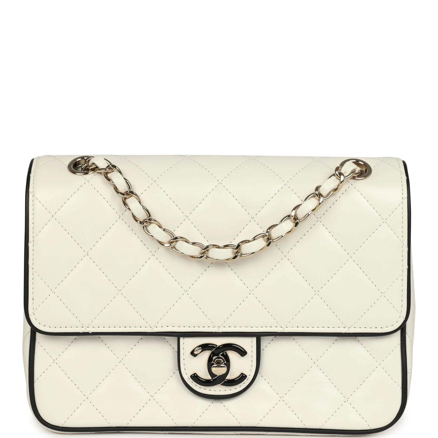 Chanel Small Graphic Frame Flap Bag White and Black Lambskin Light Gold Hardware