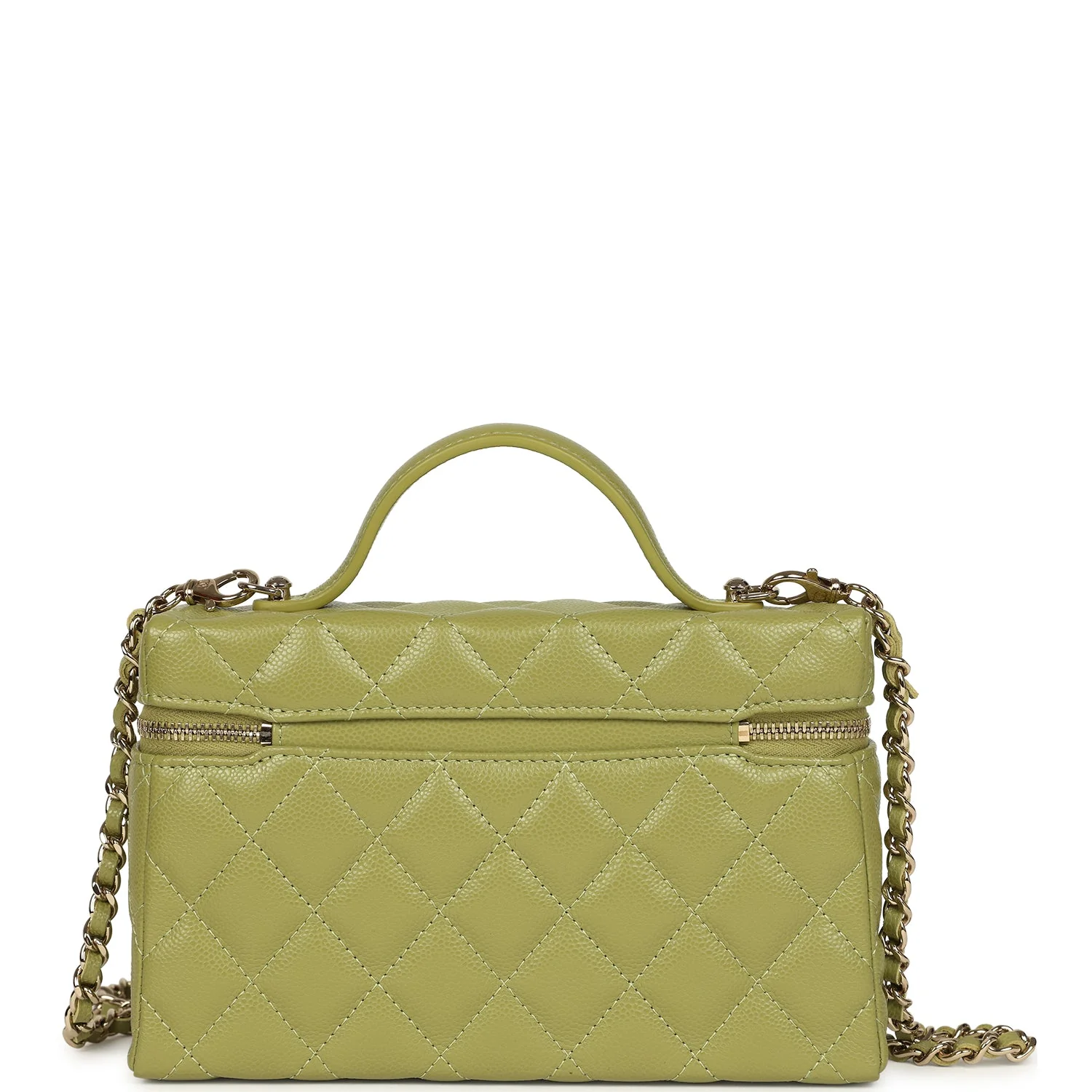 Chanel Top Handle Long Vanity Case with Chain Khaki Shiny Caviar Light Gold Hardware