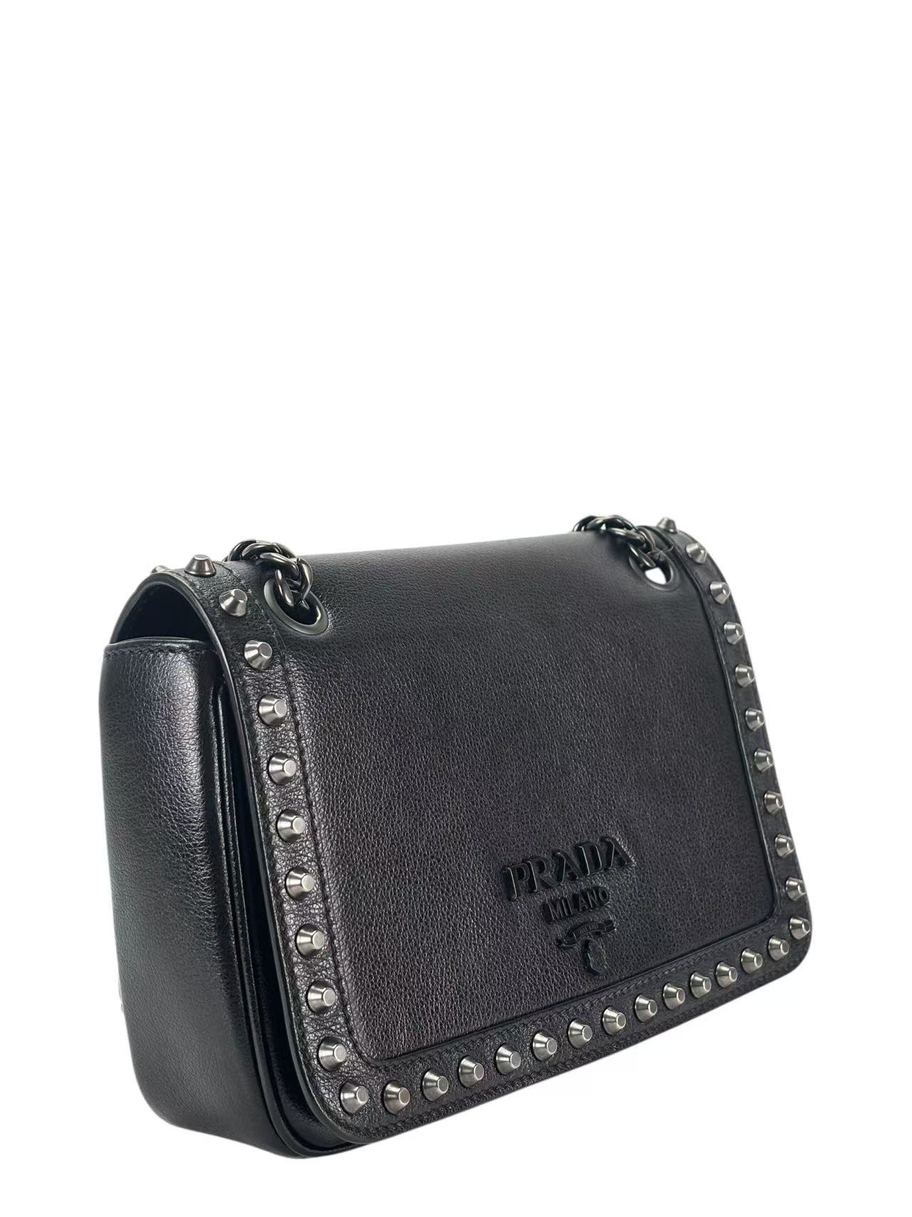 PRADA - Black Leather Studded Flap Double Chain Shoulder Bag