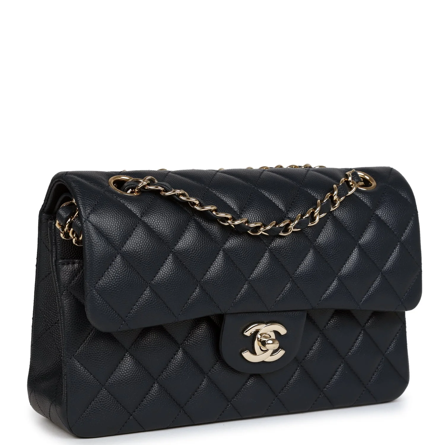 Pre-owned Chanel Small Classic Double Flap Bag Dark Blue Caviar Light Gold Hardware