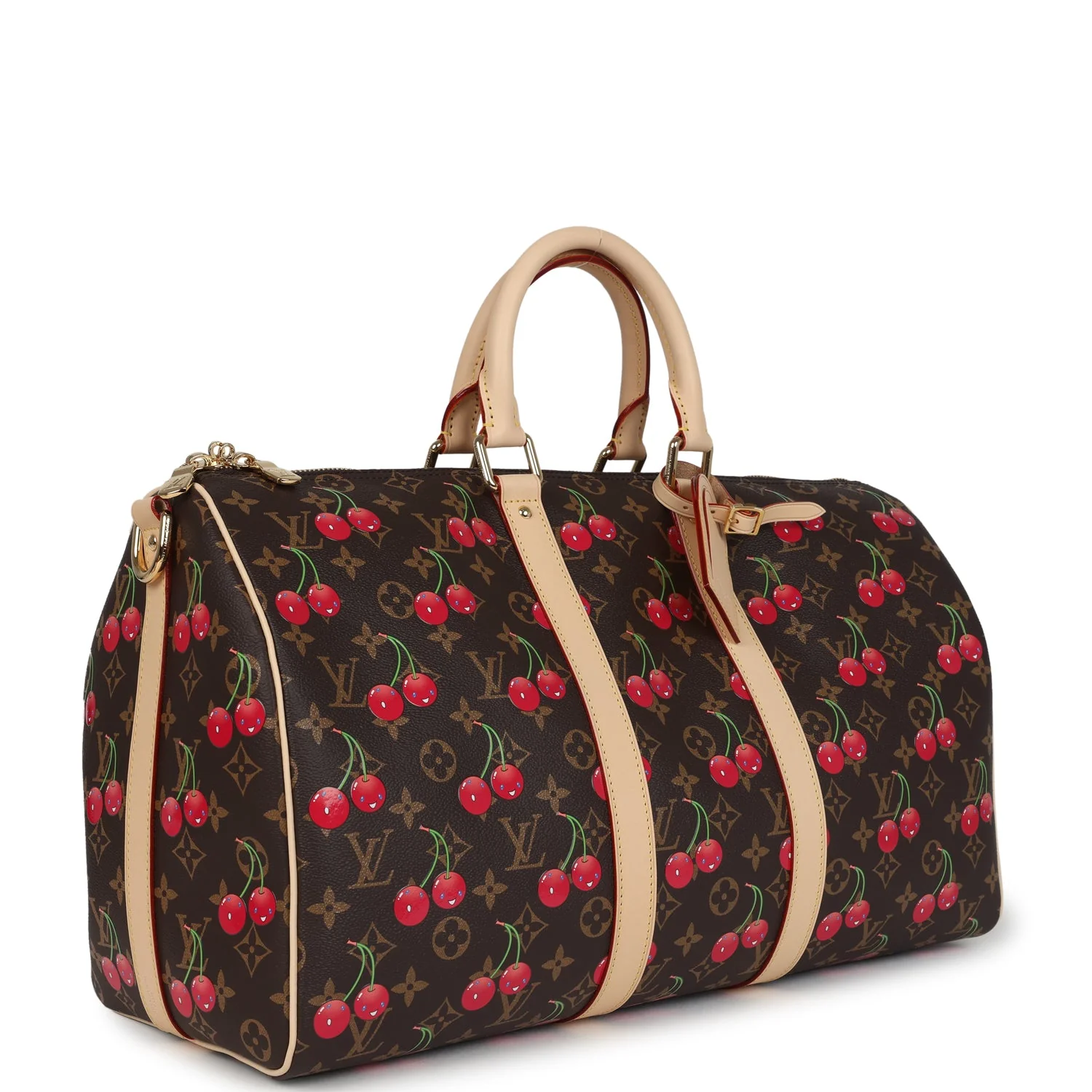Louis Vuitton X Murakami Keepall Bandouliere 45 Red and Brown Cherry Monogram Gold Hardware
