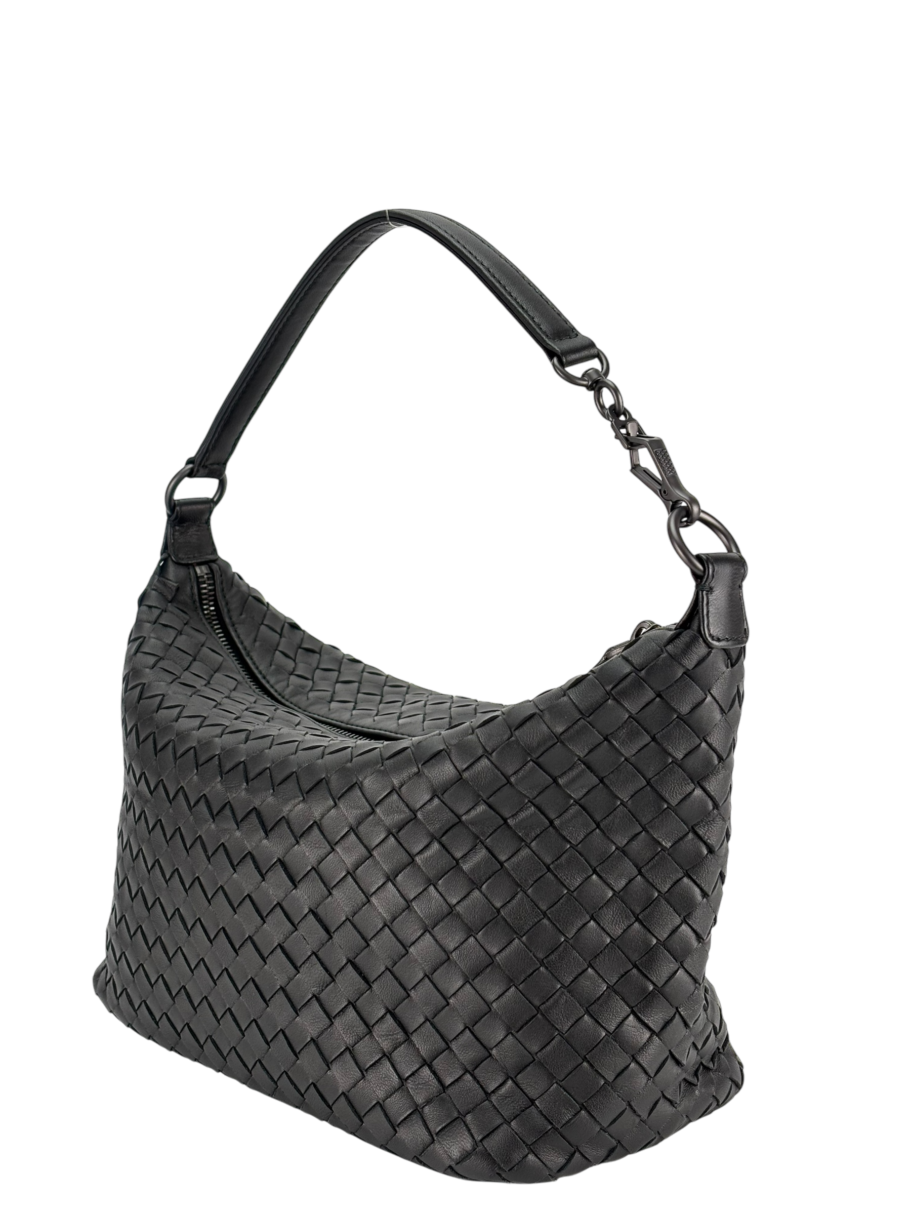 BOTTEGA VENETA - Black Lambskin Hobo Intrecciato Nappa
