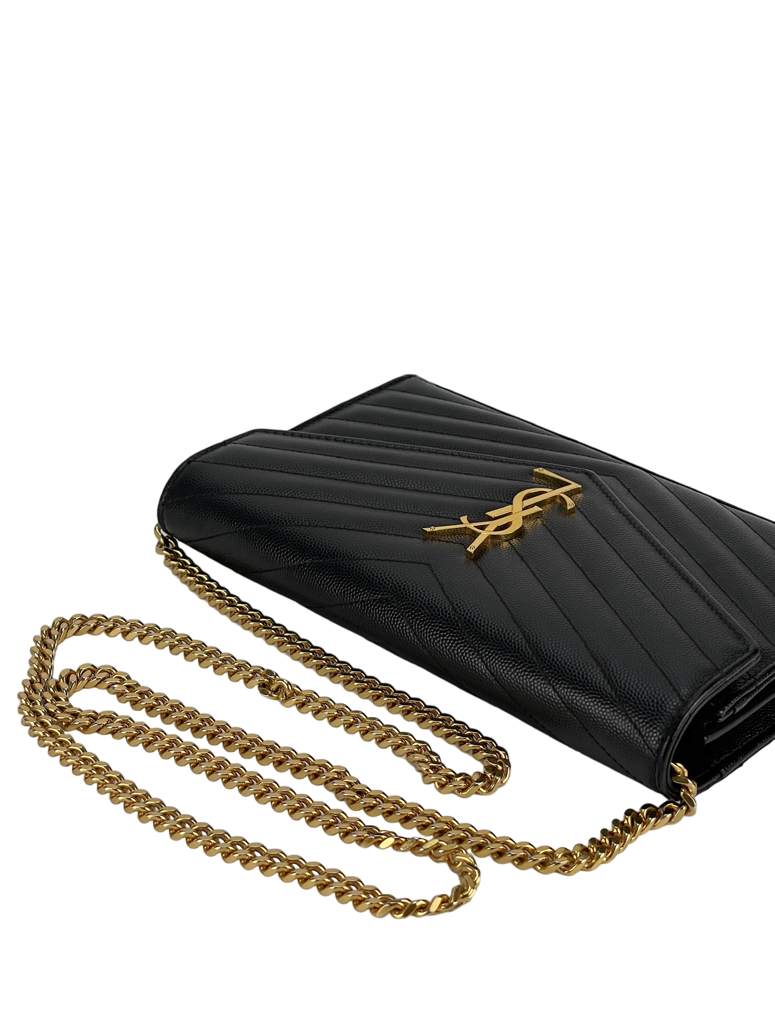 SAINT LAURENT - Grain De Poudre Matelasse Chevron Monogram Chain Wallet