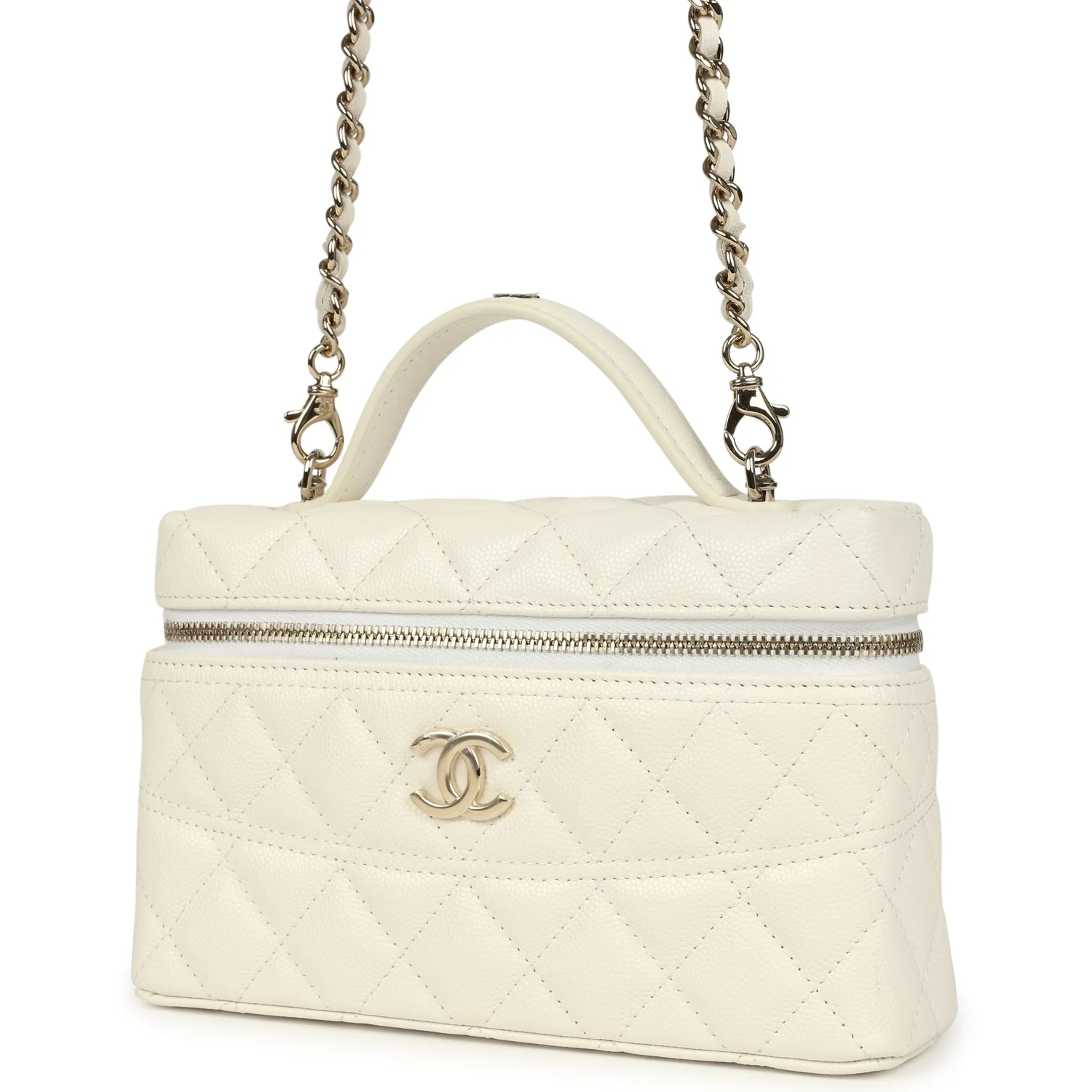 Chanel Trendy Top Handle Long Vanity Case with Chain White Caviar Light Gold Hardware