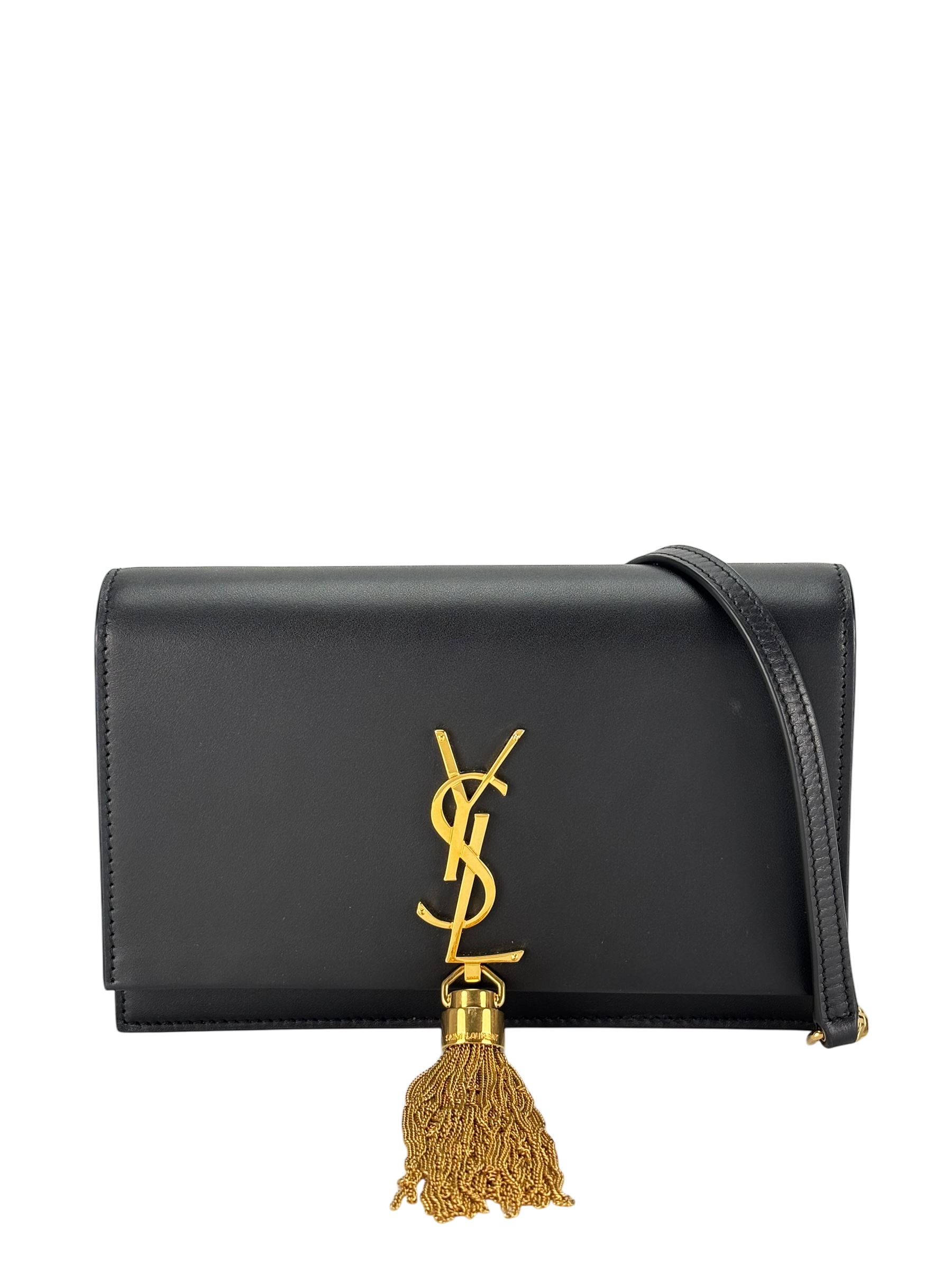SAINT LAURENT - Black Calfskin Smooth Classic Kate Tassel Chain Wallet Crossbody Bag