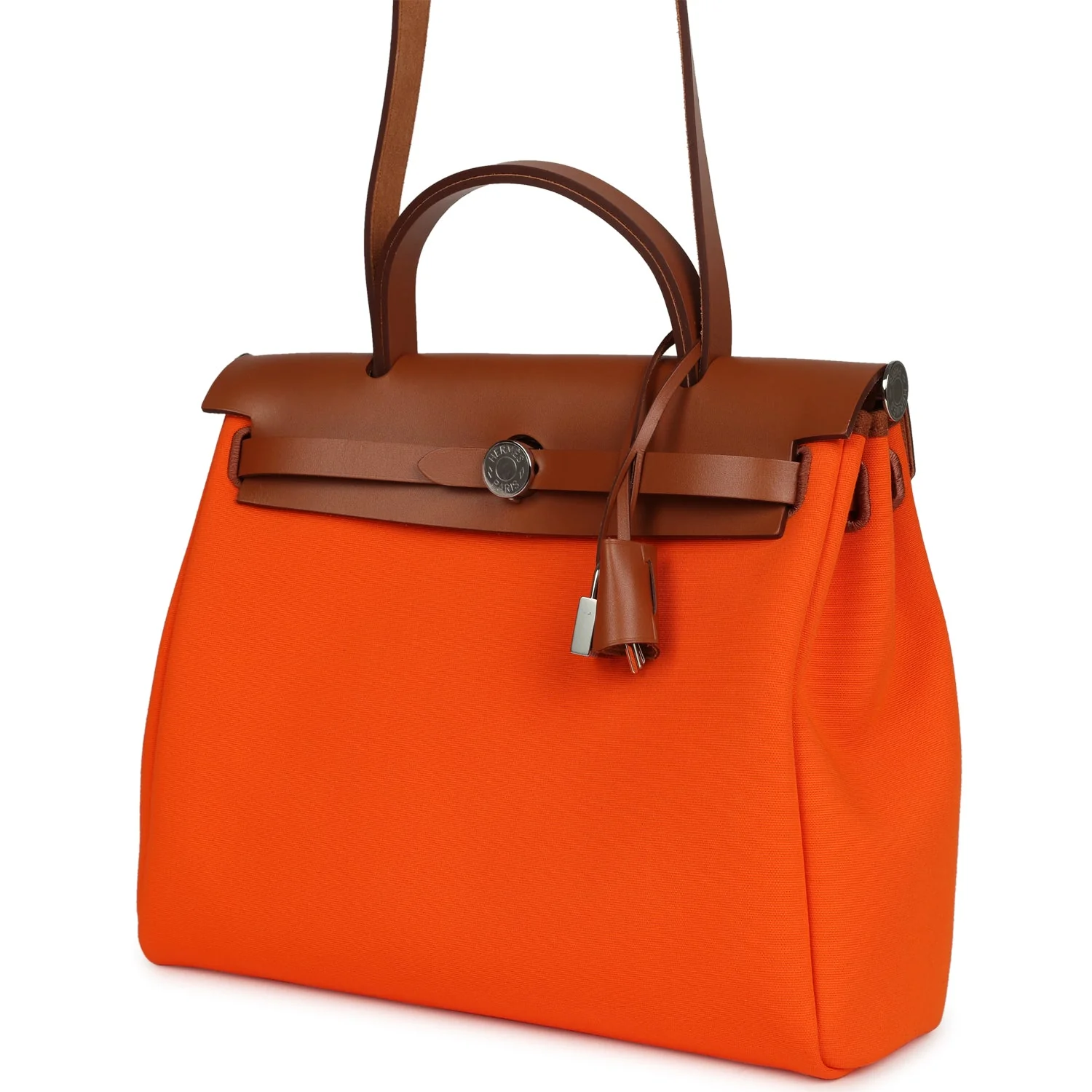 Pre-owned Hermes Herbag Zip PM 31 Orange Minium Toile H Canvas and Fauve Vache Hunter Palladium Hardware