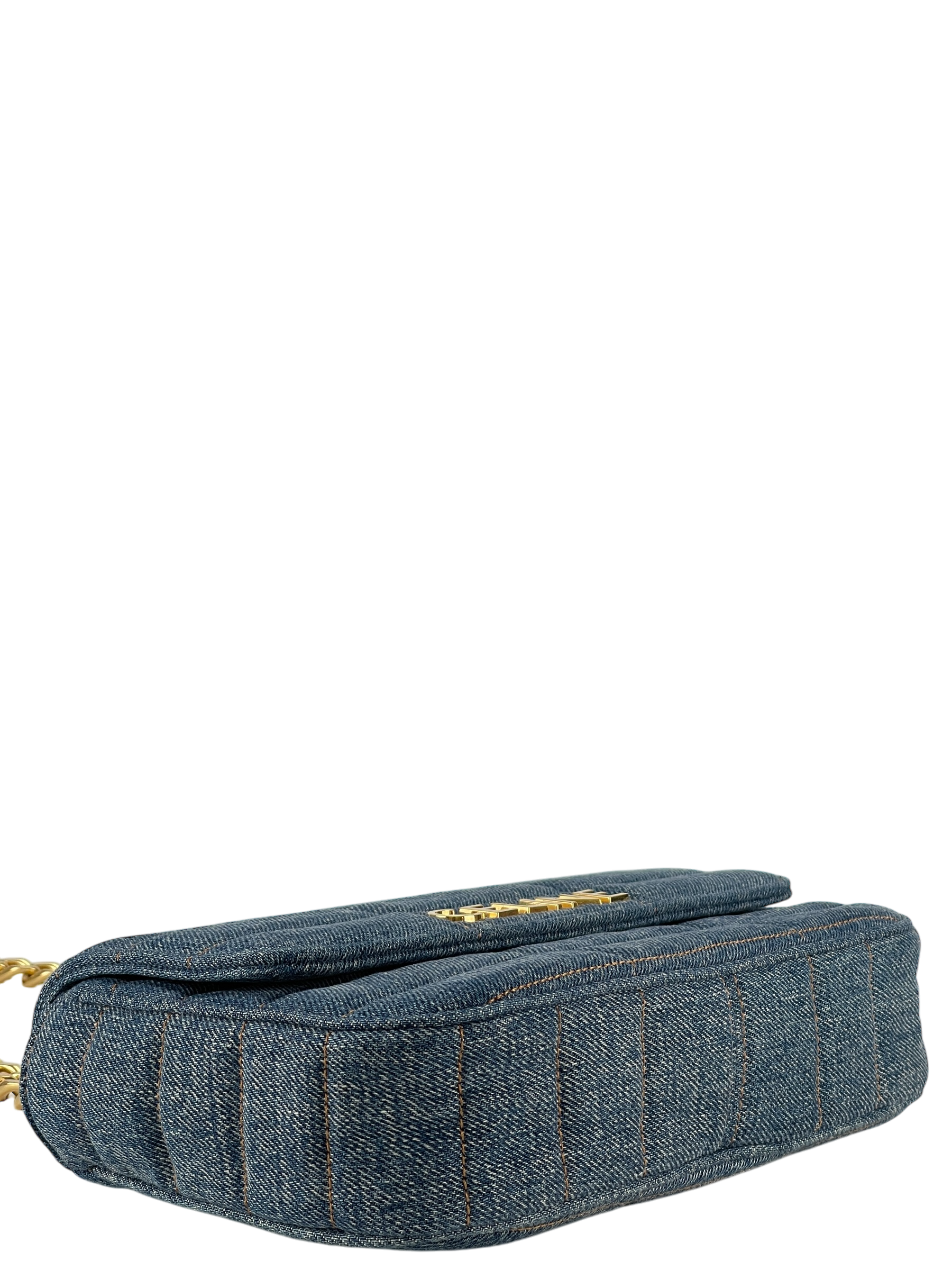 CELINE - Denim Matelasse Logo Shoulder Bag Gold Hardware