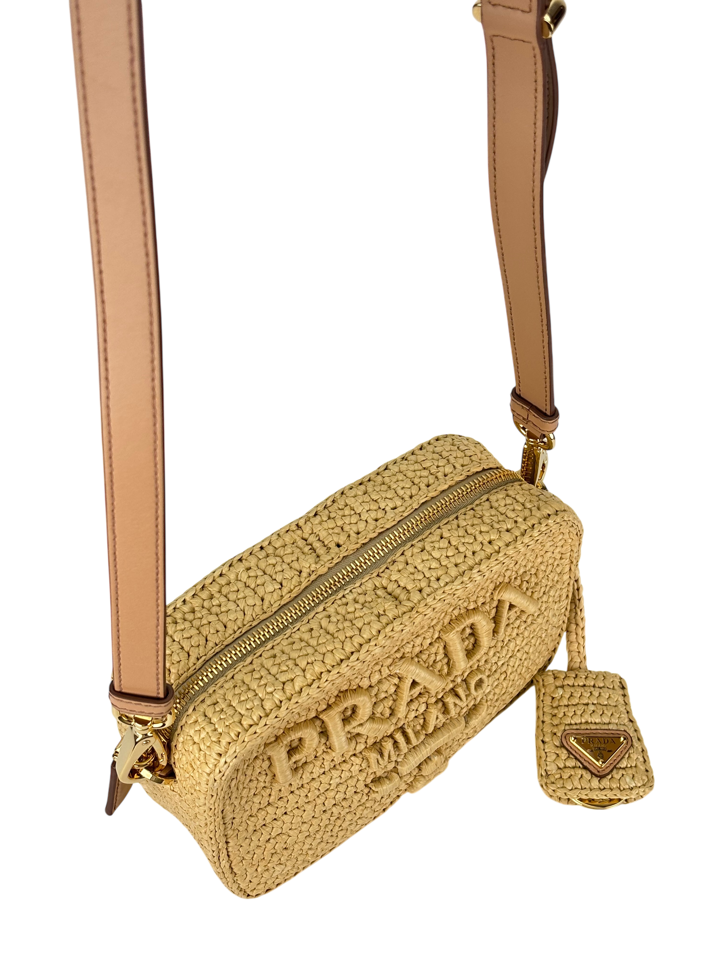 PRADA - Beige Raffia Leather Crossbody Bag