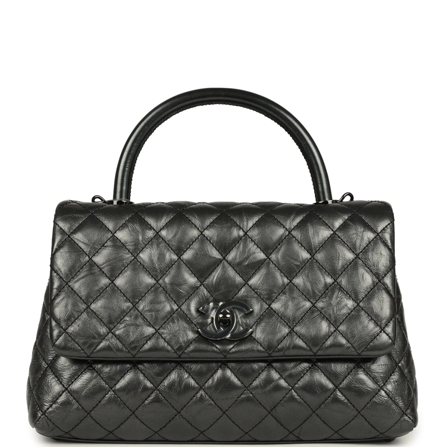 Chanel Medium Coco Top Handle Flap Bag Dark Grey Crumpled Calfskin Black Hardware