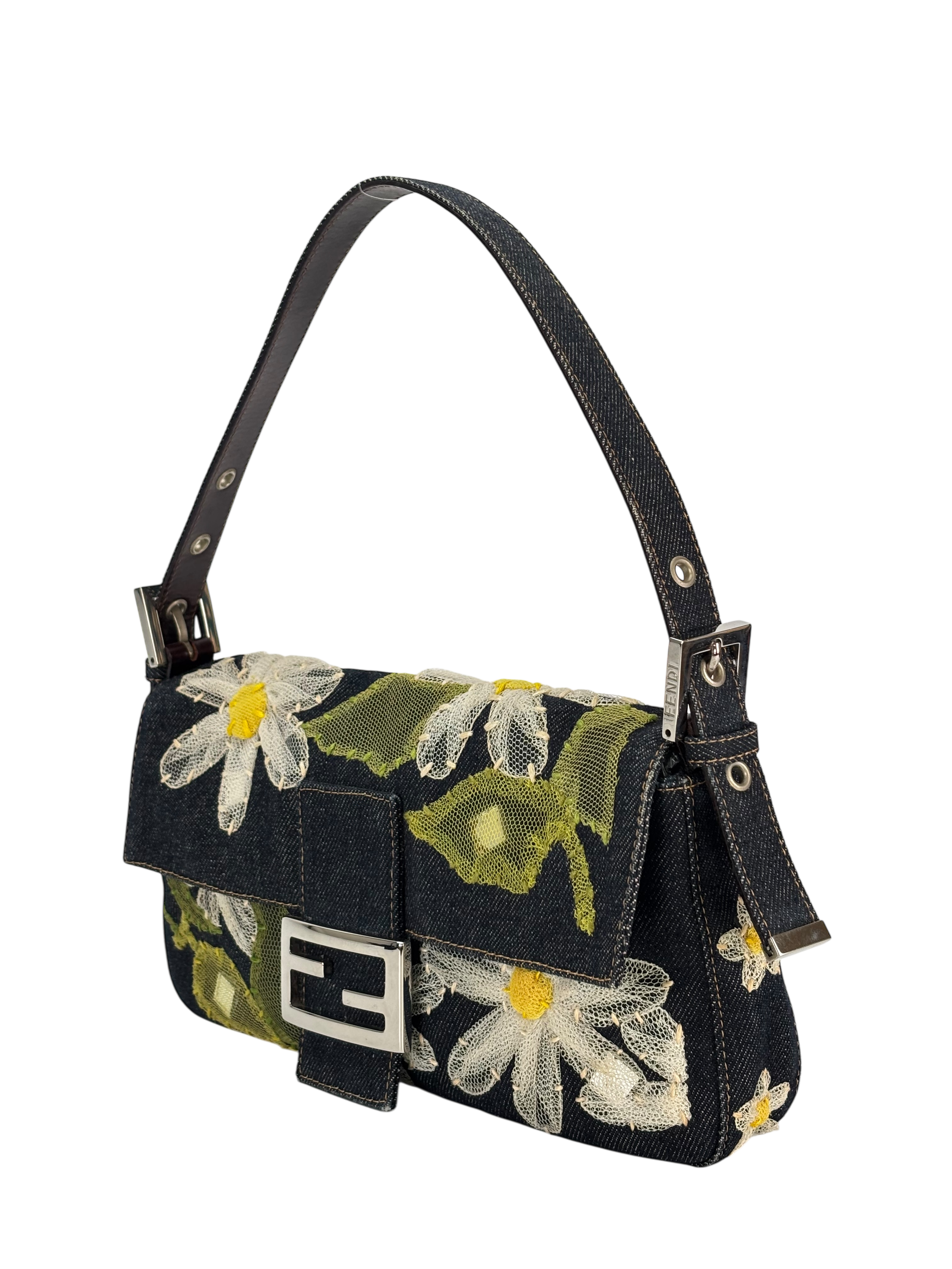 FENDI - Small Baguette Bag Denim Flower Navy