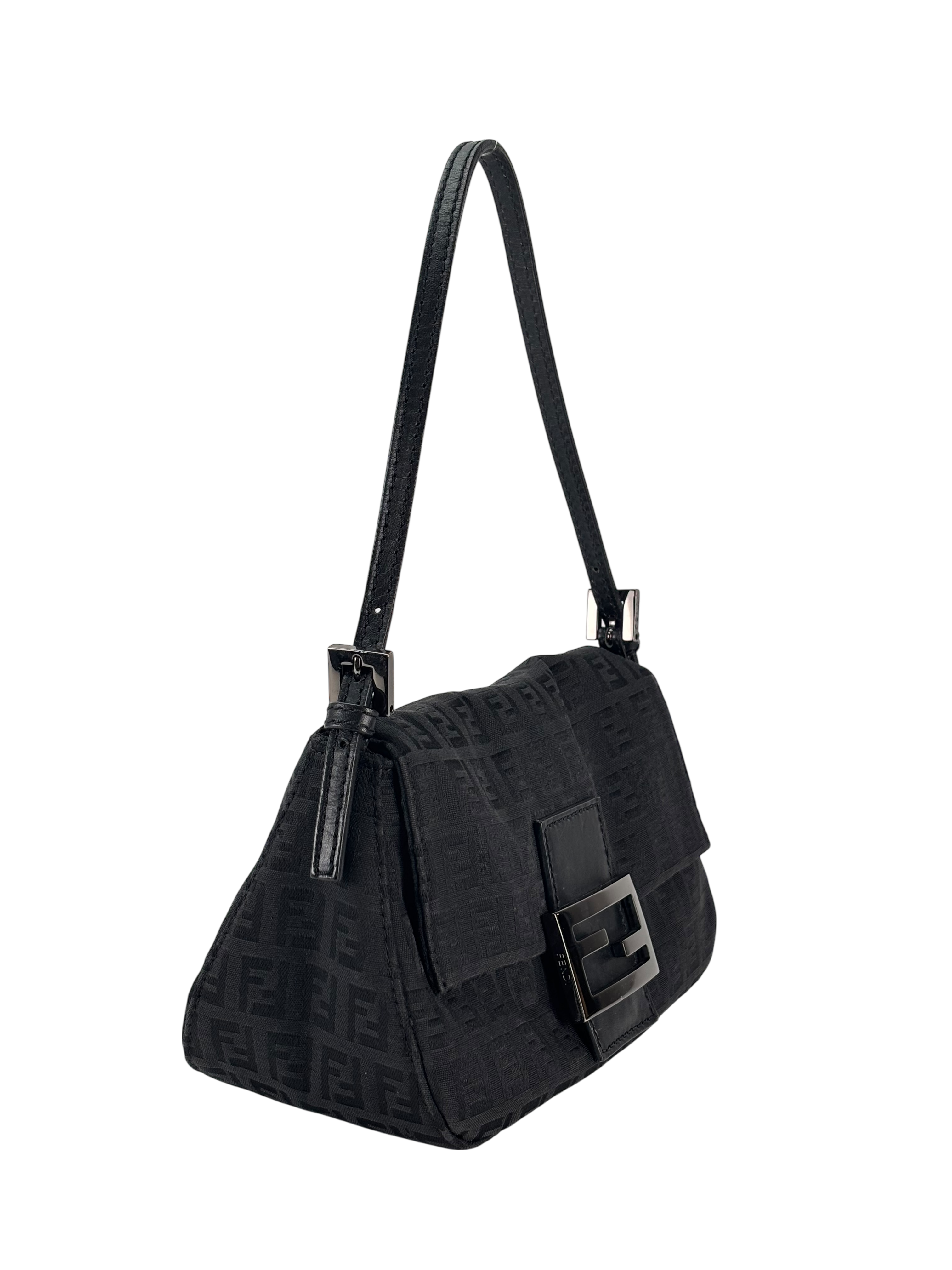 FENDI - Black Canvas Mamma Baguette Handbag Silver Hardware