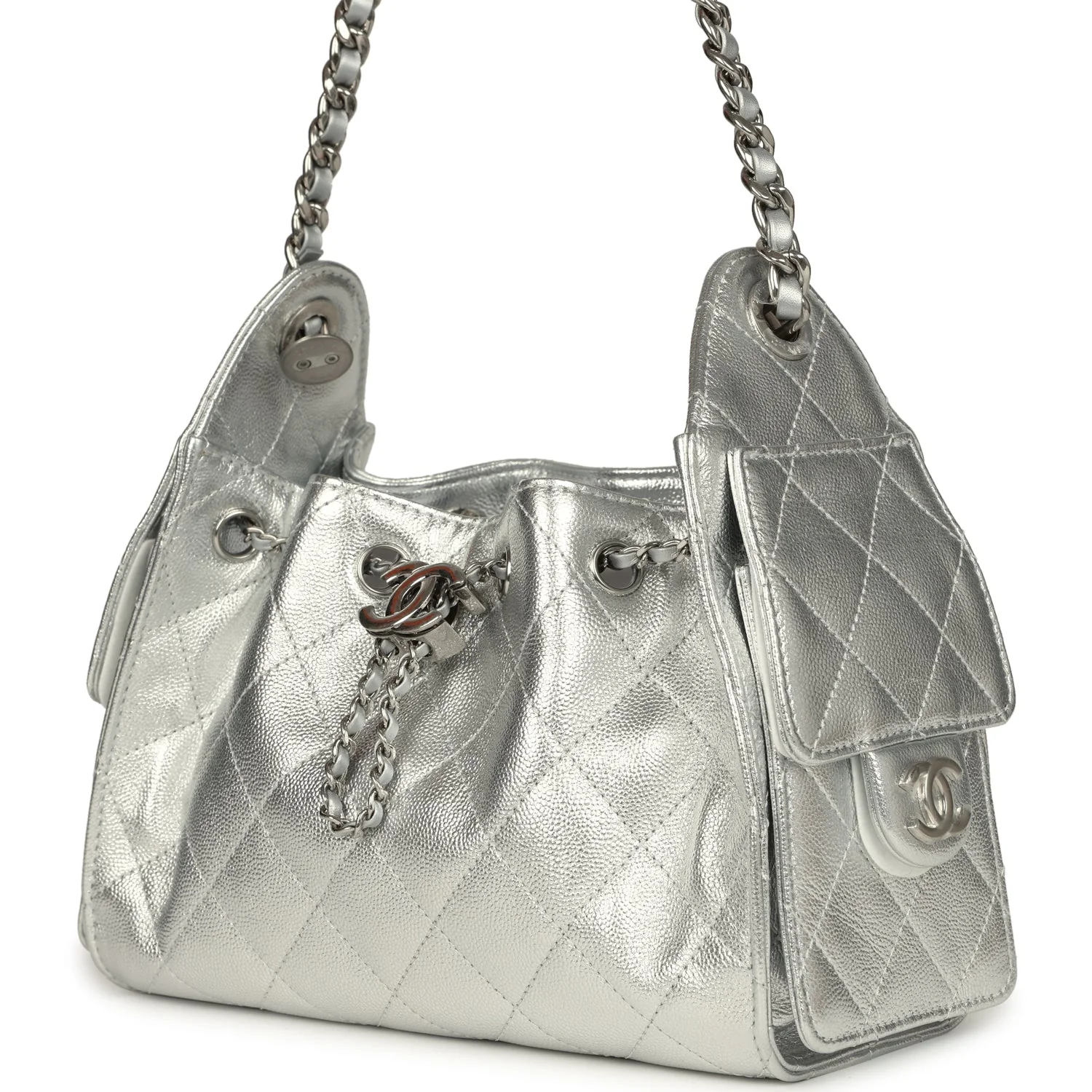 Chanel Mini 25 Hobo Bag Metallic Silver Caviar Silver Hardware