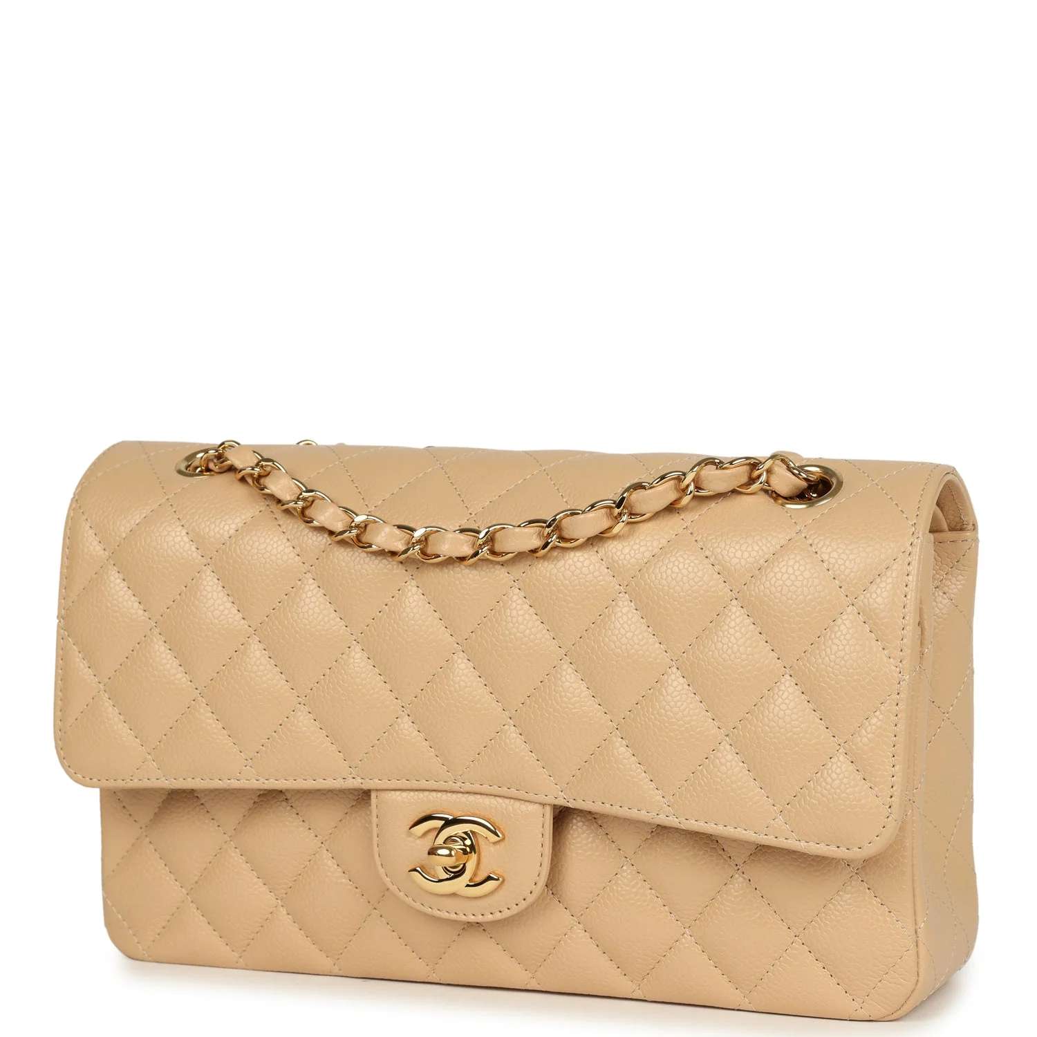 Pre-owned Chanel Medium Classic Double Flap Beige Caviar Gold Hardware