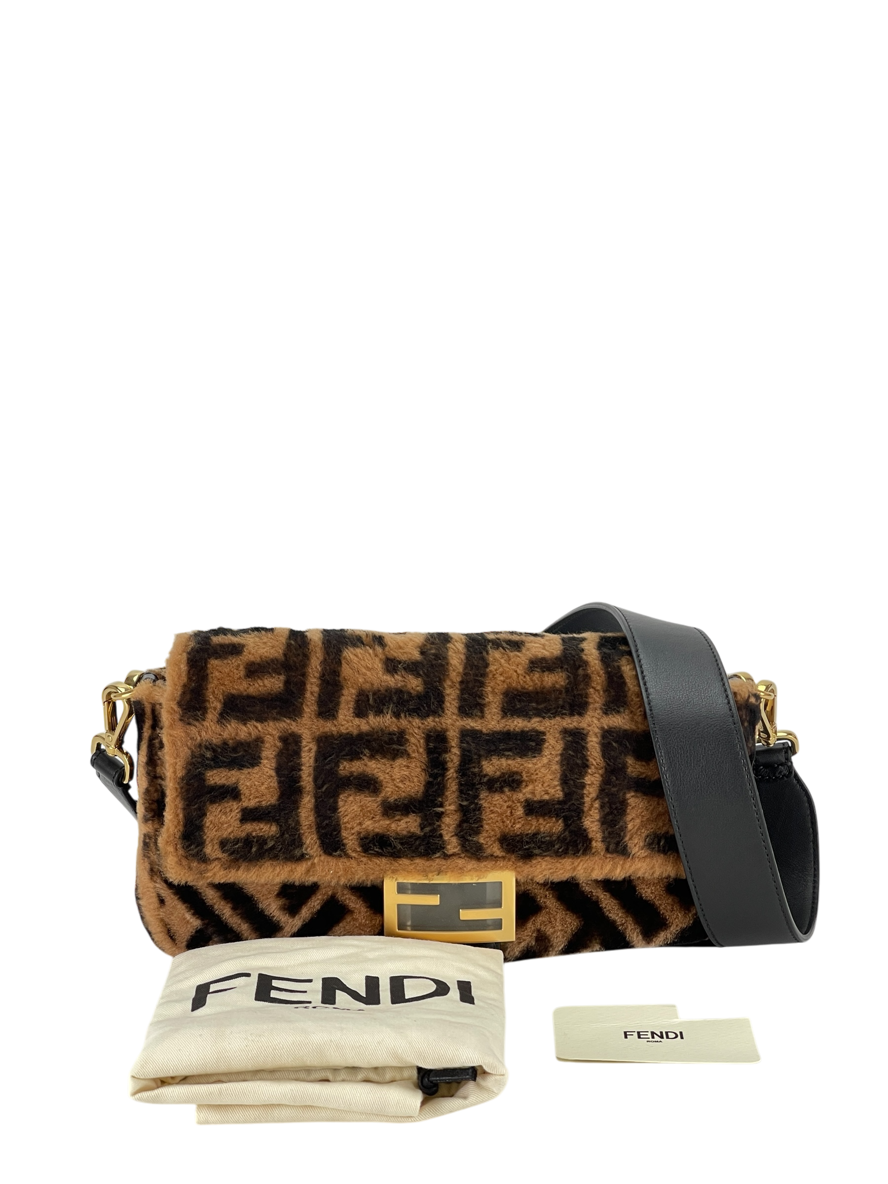 FENDI - Baguette Shoulder Bag Brown Zucca Shearling and Leather