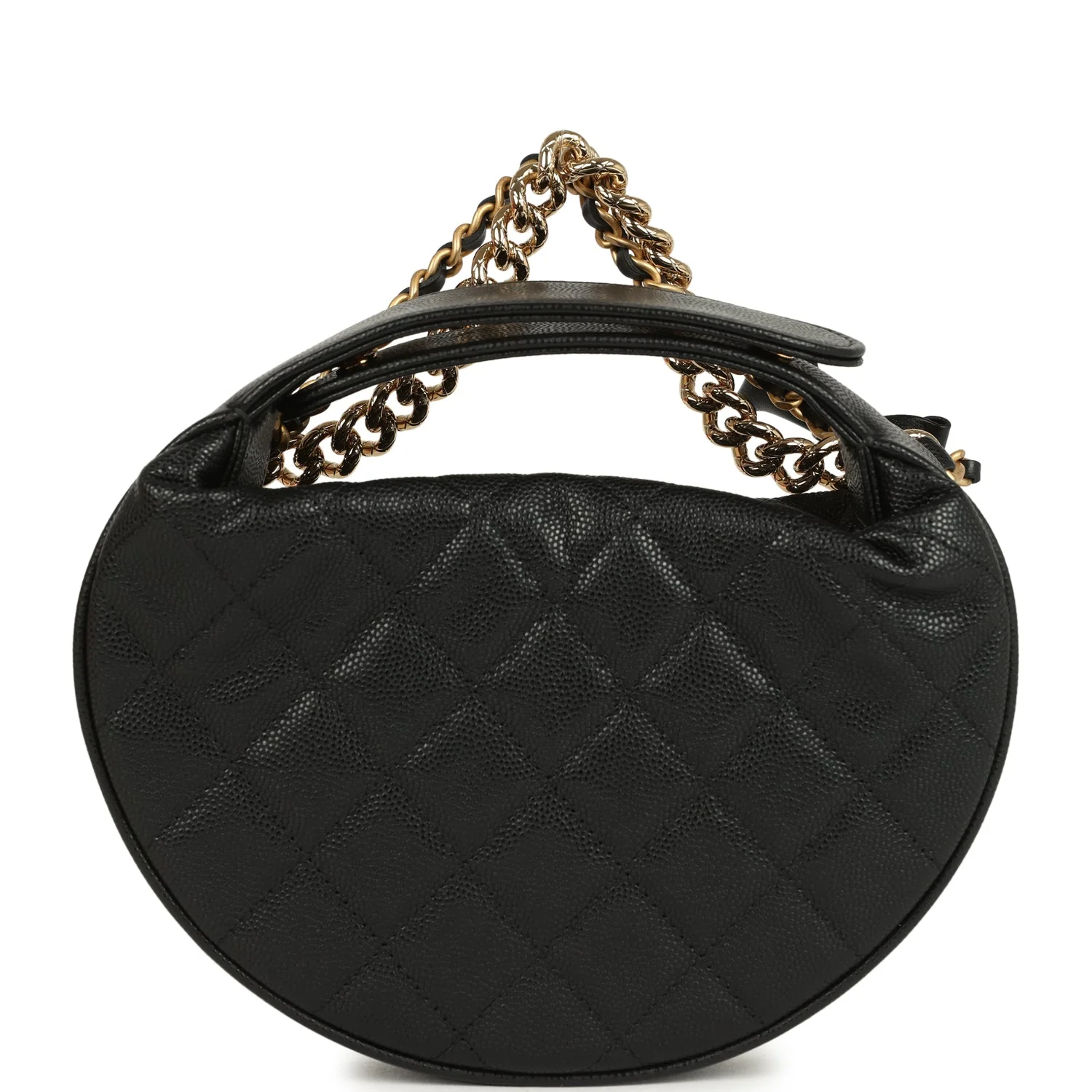 Chanel Mini Round Hobo Pouch Bag Black Shiny Caviar Mixed Metal Hardware