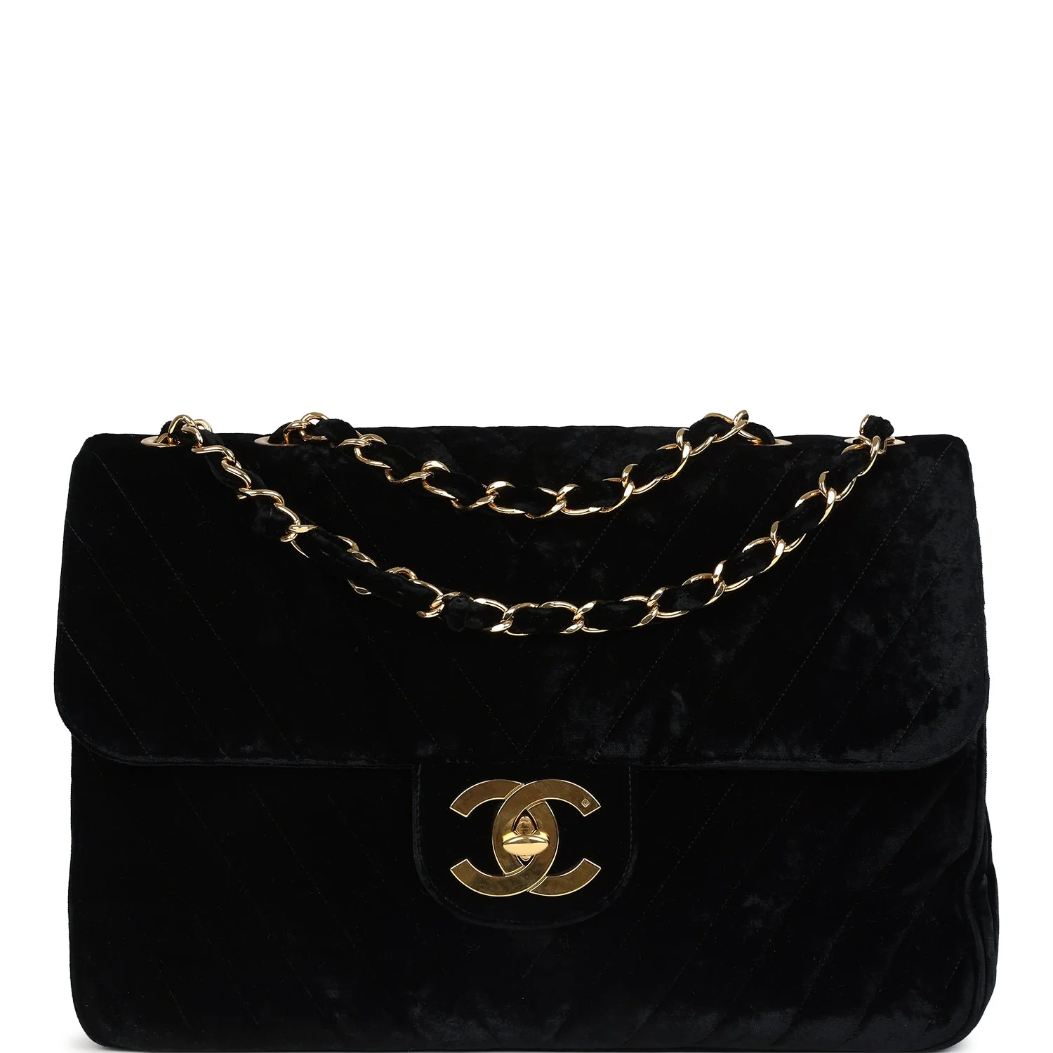 Vintage Chanel XL Classic Chevron Single Flap Bag Black Velvet Gold Hardware