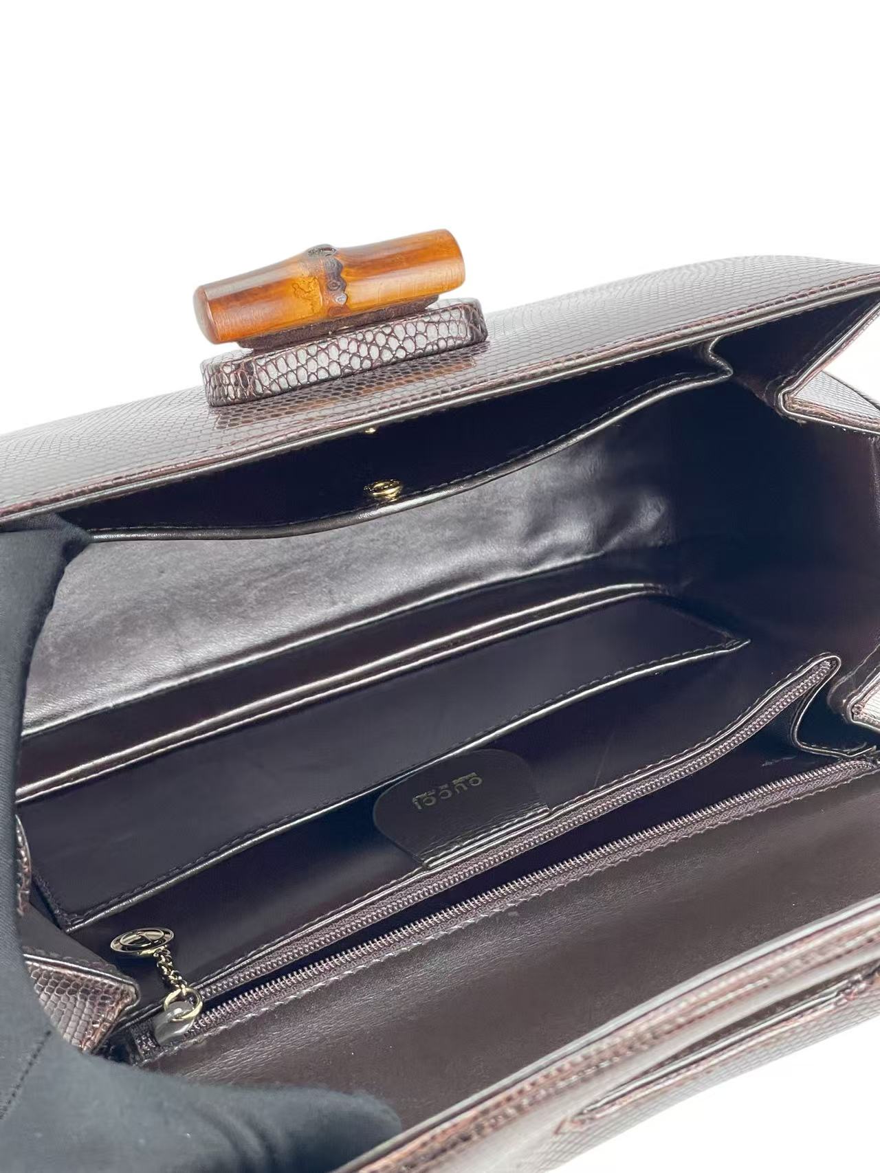GUCCI - Brown Lizard Leather Bamboo Handbag