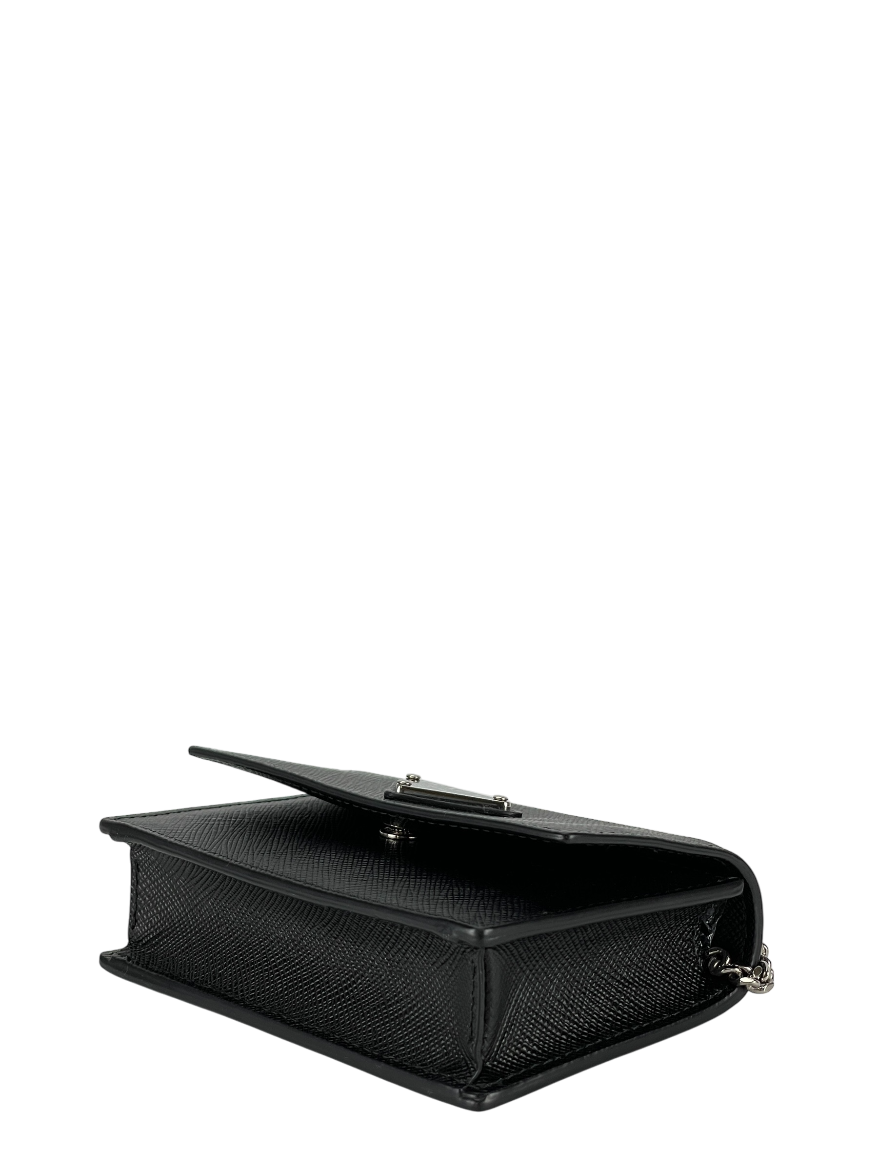 PRADA - Black Saffiano leather card holder with shoulder strap