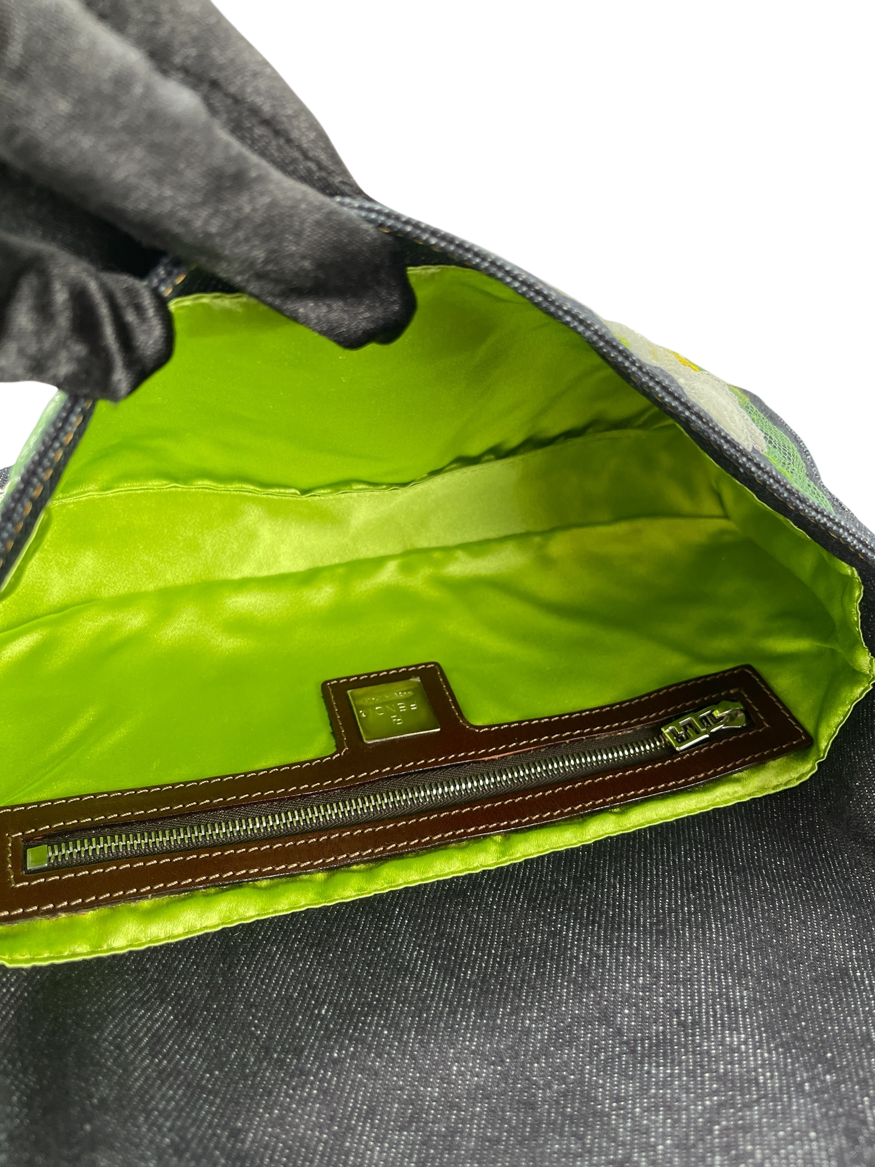 FENDI - Blue Denim Baguette in Dark Embroided Flowers