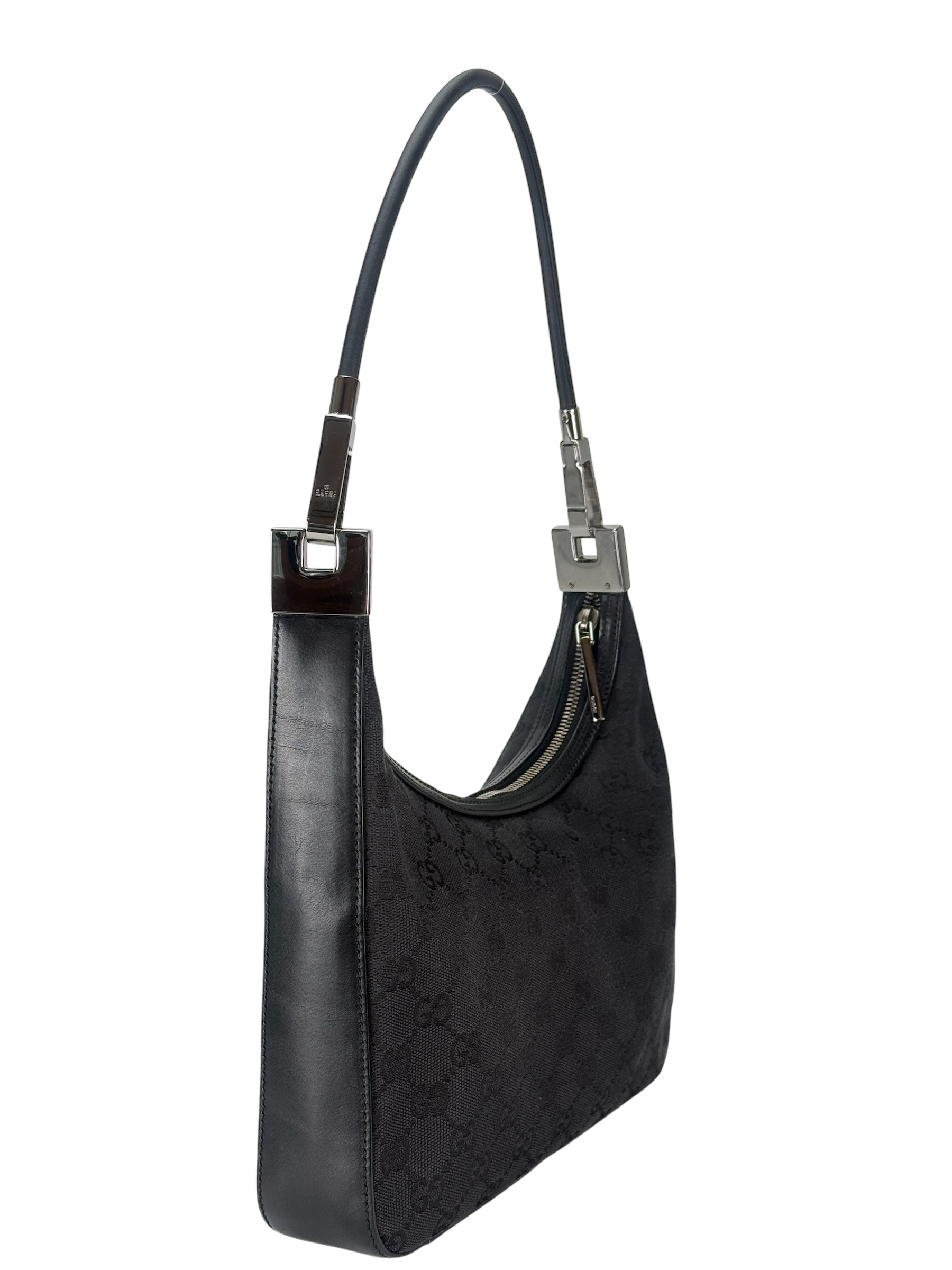 GUCCI - GG Black Canvas Shoulder Hobo Cloth Bag