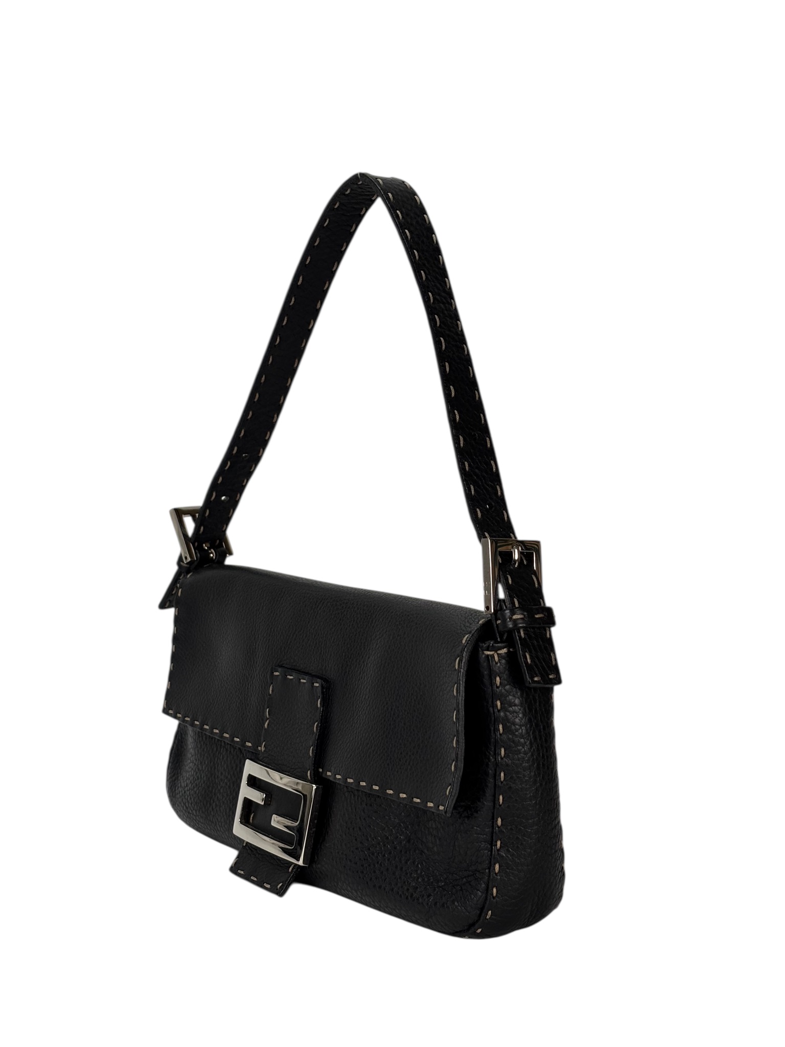 FENDI - Black Leather Selleria Baguette Bag